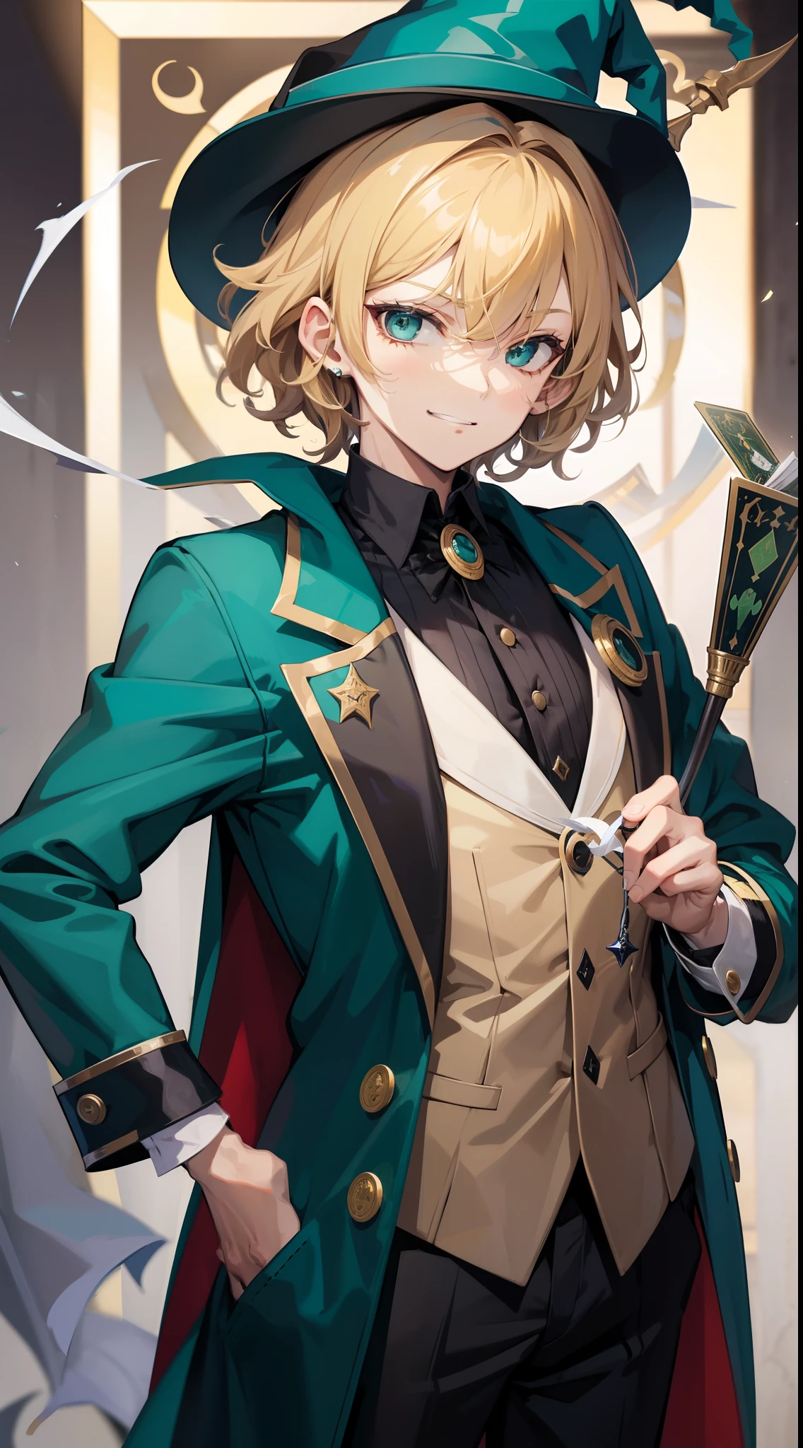 young boy, short curly blonde hair, Green eyes, smirk, evil, wizard hat, Magician's jacket, Magician Form, cane, playing cards, a joker, Masterpiece, hiquality, 4k, HD, Good detail