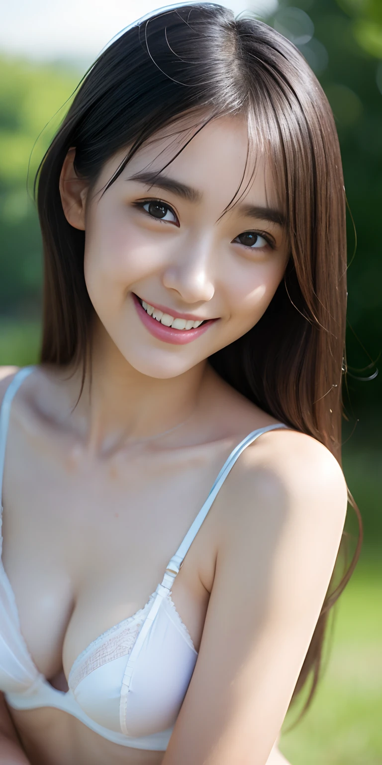Neat and clean girl、(Underwear、Nipple bumps、16yo gundergarment、Outside the field、(Slimed)、Photorealsitic、detaileds, Skin Texture, ultra-detailliert、Delicate and sexy collarbone、Super Detailed Face、Detailed lips、A detailed eye、二重まぶた、tiny chest、Emphasis on the chest、a smile、Very embarrassed look、bra very、pantyshot、The figure that seems to be able to see the panties