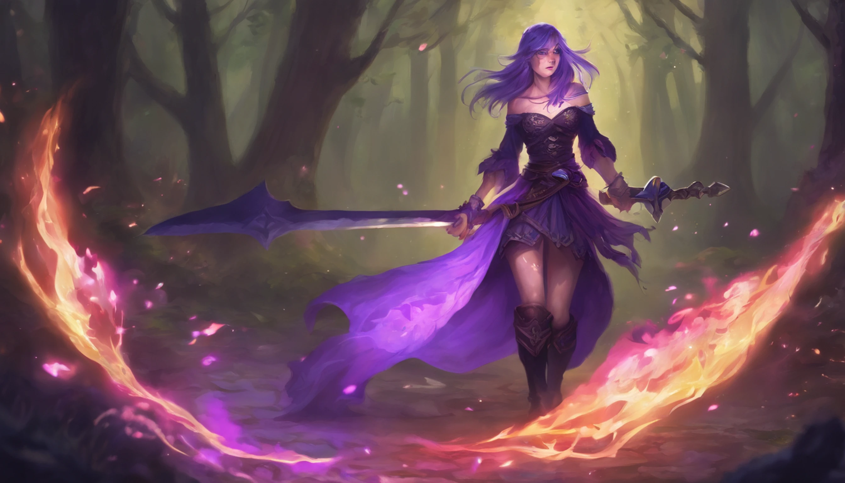 Lilith, in battle against his lilac enemy, in an open field duel, with power of ki, with battle marks from both girls.