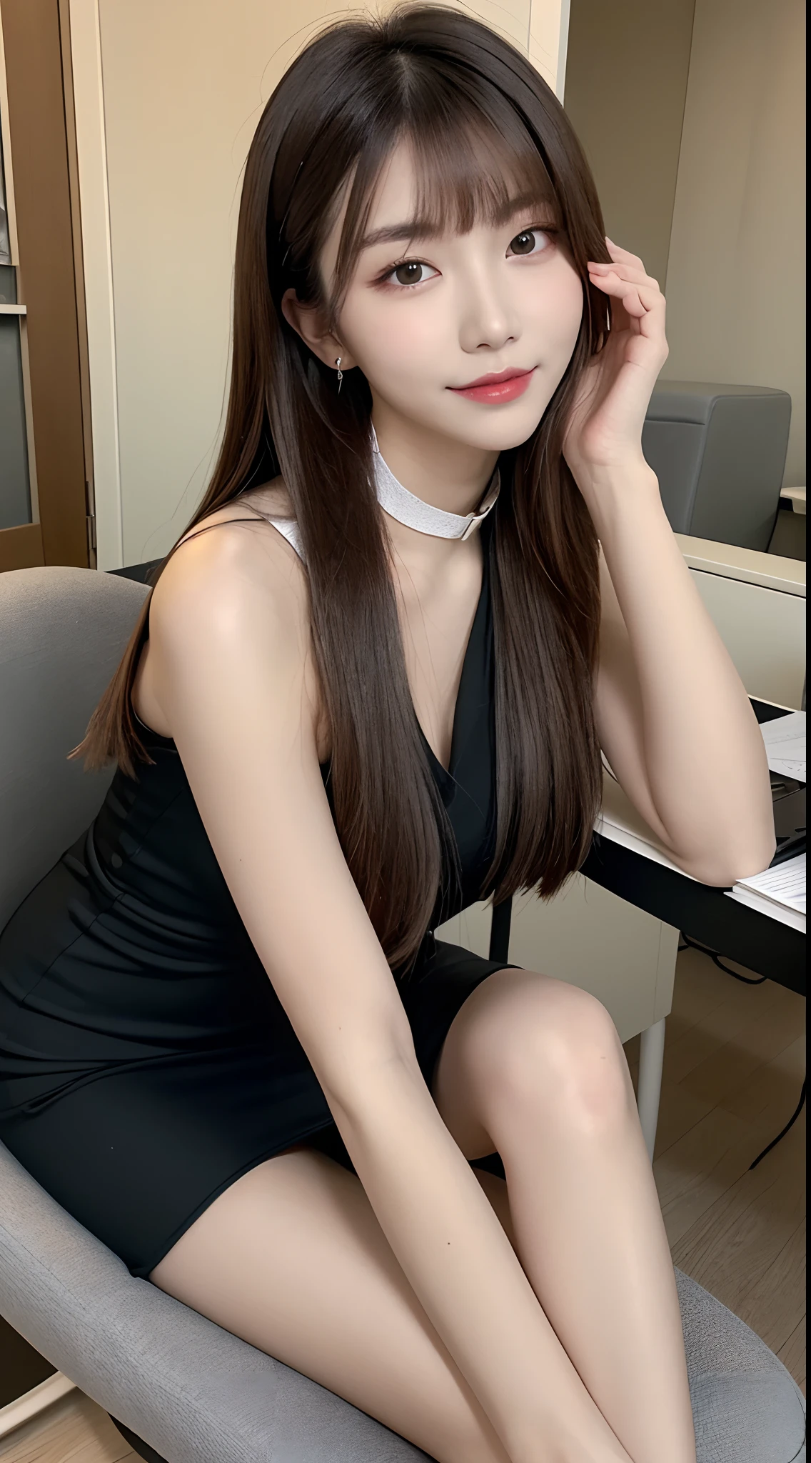 (Best Quality, 8K, masutepiece, Ultra HD: 1.3), 1girl in, smallunderboob, light brown hair, Blunt bangs, hair behind ear, hair over shoulder, Long hair, slender body shape, Ultra Fine Face, Delicate lips, Beautiful eyes, Double eyelids, lipsticks,A gaze that invites you, Ultra-thin hands, Ultra-fine fingers, shirt with collar, Tight Dress, beauty legs ,pumps.s Office、KPOP Idol Face,ssmile