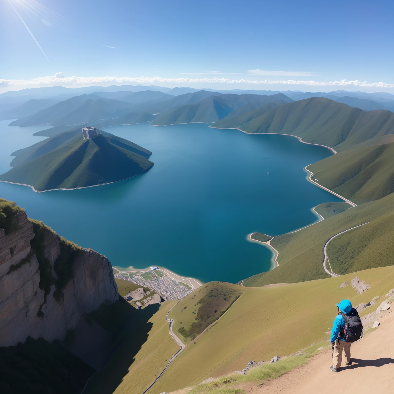 blue-sky、Looking down from the summit、Superb view、８K、​masterpiece、realistic landscape