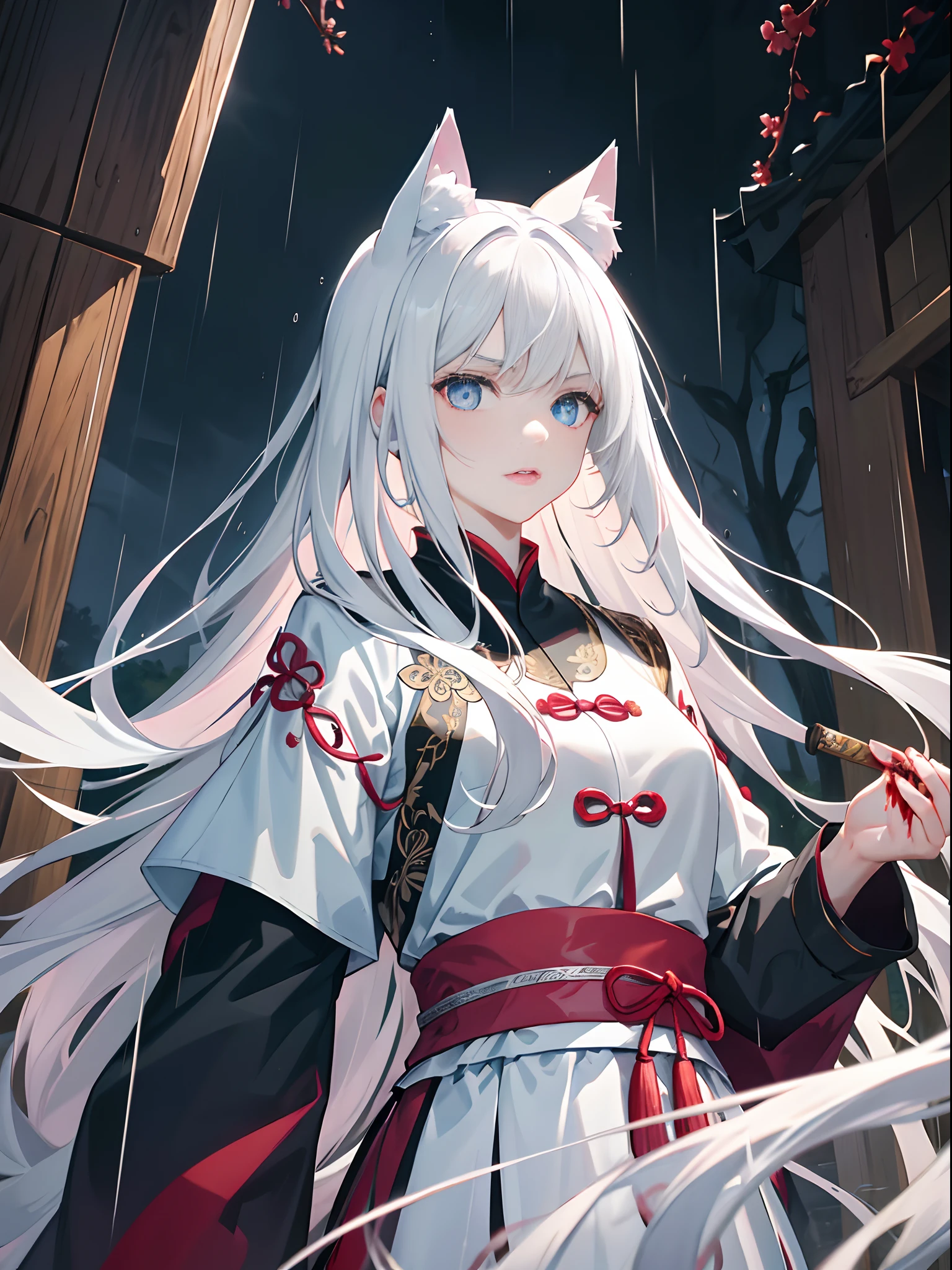 Masterpiece, Super Class, Night, Outdoor, Rainy Day, Branches, Chinese Style, Ancient China, 1 girl, young girl, Silver-White Long-Haired Woman, Gray-Blue Eyes, Pale Pink Lips, Indifference, Seriousness, Bangs, Assassin, Sword, White Clothes, Blood, Blood, Violence, Death, Injury, Blood, Facial Bloodstain, Facial Details, Facial Details, cat ears