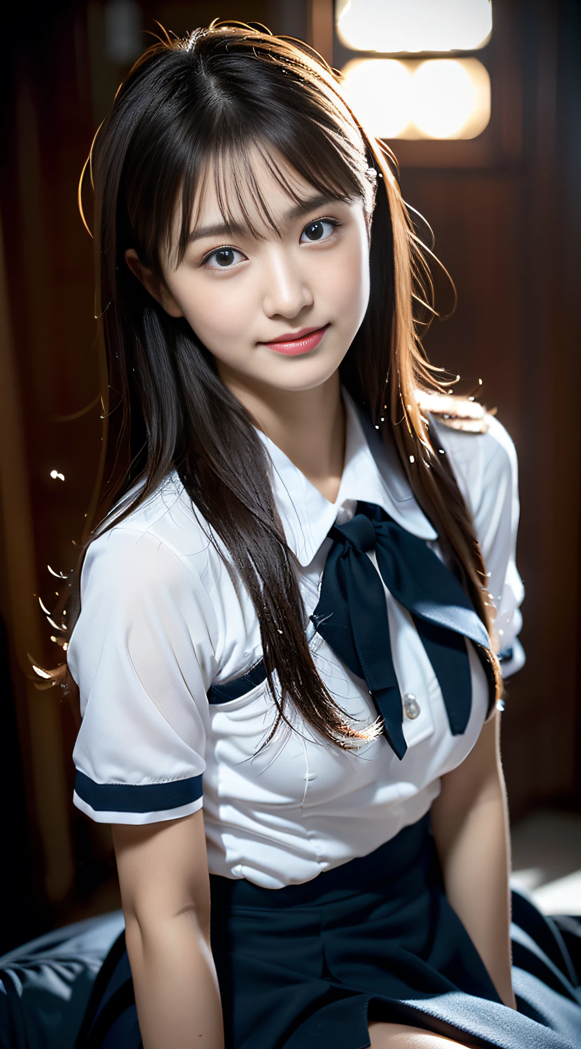 (((32k,high detal,high-detail、masterpiece,Attention to detail,full body Esbian,独奏))),Raw photo & realistic atmosphere,beautiful dark blue eyes,Detailed mouth,Glossy lips,Detailed eyebrows,Eyes drawn in detail with soft white skin that shines in every detail、azure eyes,Very beautiful eyes,Detailed lips、Very beautiful face,Very well-formed face、Lifelike face,shiny beautiful lips, Realistic Young Gravure Idol, very beautiful school girl, , Young Sensual Gravure Idol, Young Gravure Idol, Beautiful and very cute mature16 old schoolgirl,the whole body is wet,dripped out,with a flushed face,Incredibly beautiful, sexy and classy16-year girl,semi-long brown shiny hair,Hair is wet,Fine water droplets shining on hair,(Looking at the camera:1.4),(darkness,Very dark,Use a flashlight to illuminate a subject in a pitch-black classroom with no light:1.7),(A sexy,Healthy toned body,High Detail Hi-Vision Hi-Vision Japan HDTVblackHDTVhi-VisionBlack Hi-VisionBlack Hi-Definition Hi-VisionBlack Hi-Definition Hi-Definition Uniform,shapely breasts with a little bigger,,,Mature body, I'm anxious and about to cry,Moist eyes,cold smile,glareing,The glaring face is also beautiful,High-resolution arm,,high-definition fingers,:1.5),(The chest of the uniform is open,Wearing black pantyhose and sexy legs sits in black and red classy high school girl uniform and sits upright while shyly lifting skirt:1.8)
