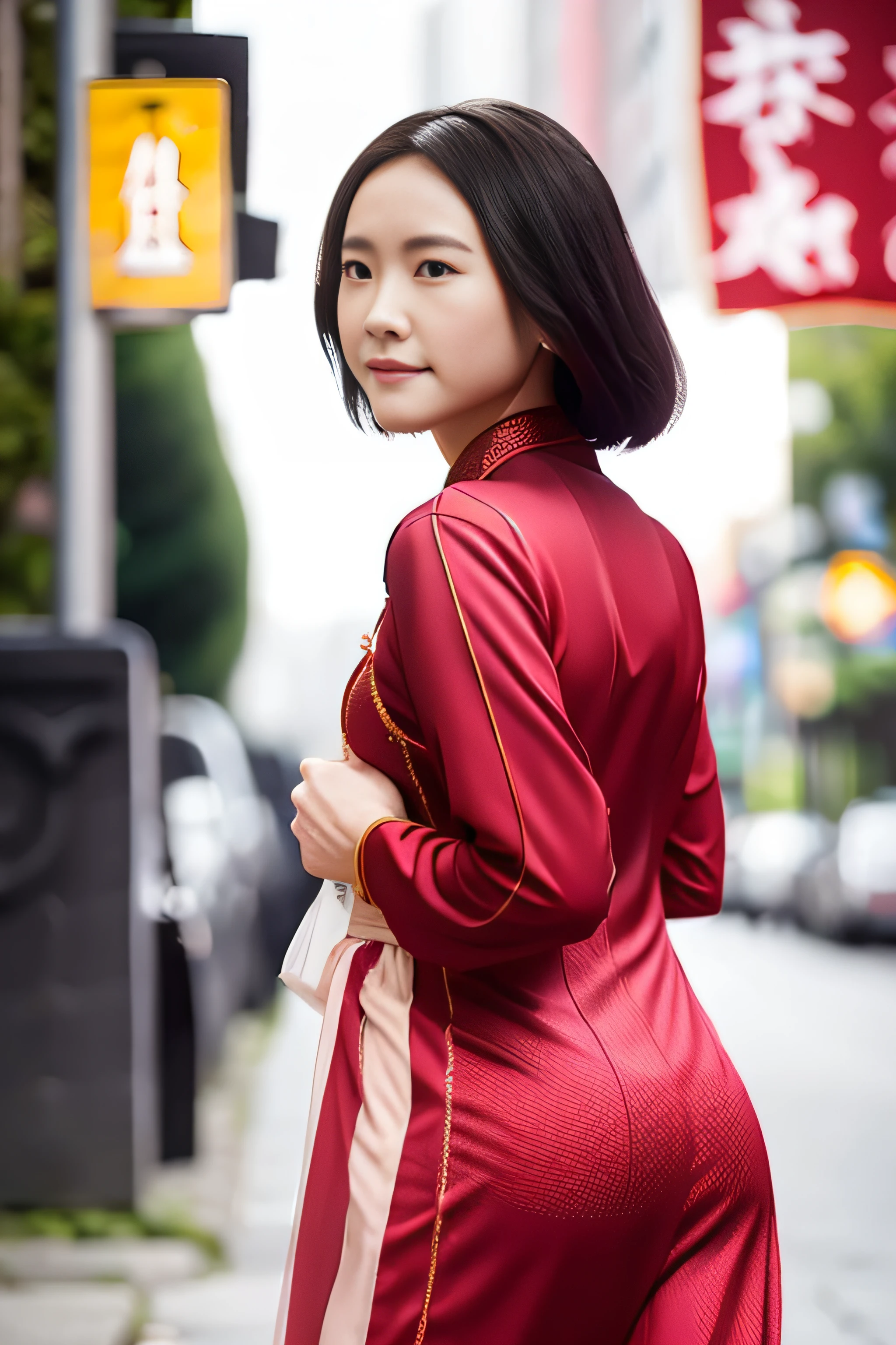 A beautiful young woman in a cheongsam walked down the street and looked back