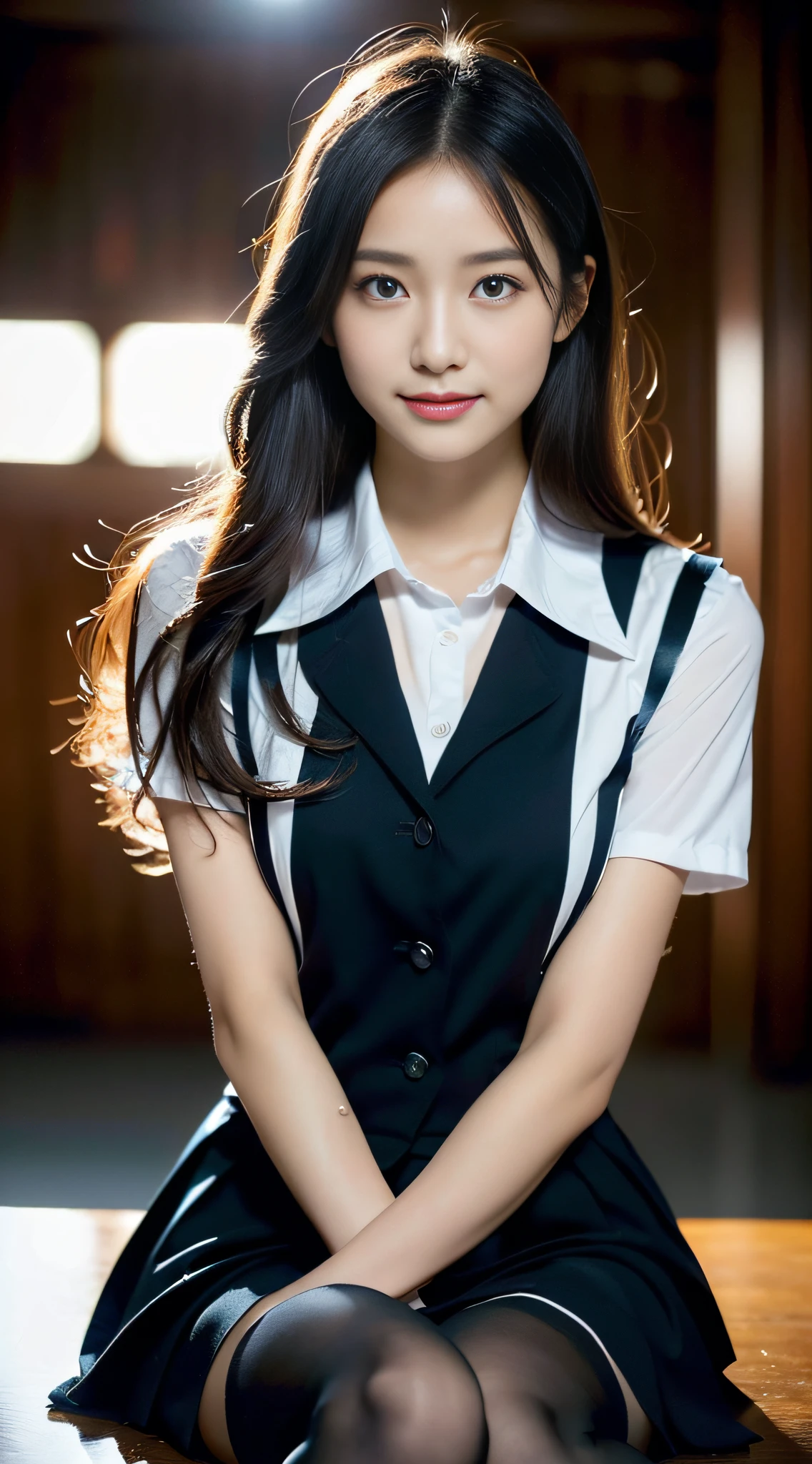 (((32ｋ,high detal,high-detail、​masterpiece,Attention to detail,full body Esbian,独奏))),Raw photo & realistic atmosphere,beautiful dark blue eyes,Detailed mouth,Glossy lips,Detailed eyebrows,Eyes drawn in detail with soft white skin that shines in every detail、azure eyes,Very beautiful eyes,Detailed lips、Very beautiful face,Very well-formed face、Lifelike face,shiny beautiful lips, Realistic Young Gravure Idol, very beautiful school girl, , Young Sensual Gravure Idol, Young Gravure Idol, Beautiful and very cute mature１6  old schoolgirl,the whole body is wet,dripped out,with a flushed face,Incredibly beautiful, sexy and classy１6-year girl,semi-long brown shiny hair,Hair is wet,Fine water droplets shining on hair,(Looking at the camera：1.4）,（darkness,Very dark,Use a flashlight to illuminate a subject in a pitch-black classroom with no light：1.7）,（A sexy,Healthy toned body,High Detail Hi-Vision Hi-Vision Japan HDTVblackHDTVhi-VisionBlack Hi-VisionBlack Hi-Definition Hi-VisionBlack Hi-Definition Hi-Definition Uniform,shapely breasts with a little bigger,,,Mature body, I'm anxious and about to cry,Moist eyes,cold smile,glareing,The glaring face is also beautiful,High-resolution arm,,high-definition fingers,：1.5）,（The chest of the uniform is open,Wearing black pantyhose and sexy legs sits in black and red classy high school girl uniform and sits upright while shyly lifting skirt：1.8）