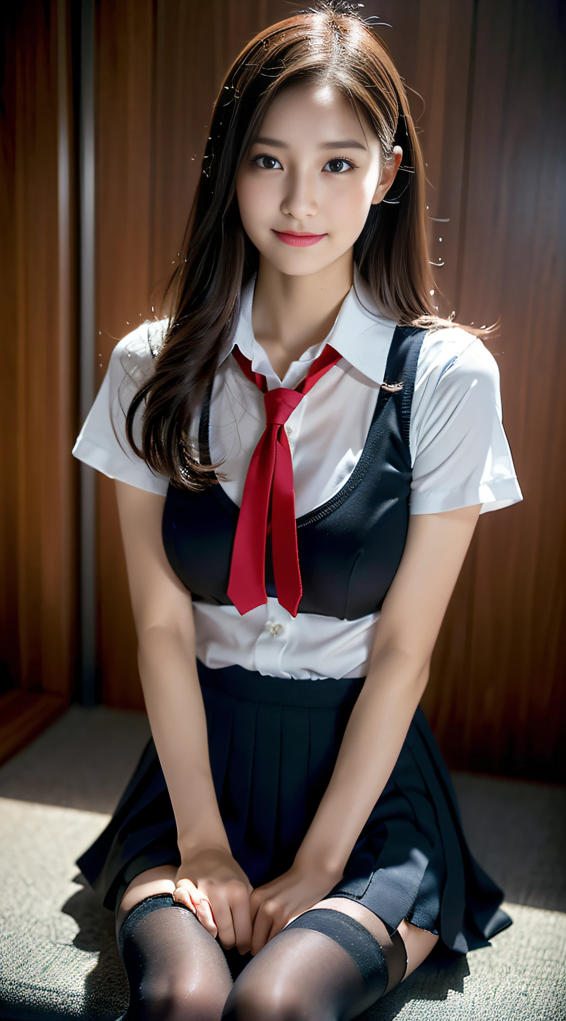 (((32k,high detal,high-detail、masterpiece,Attention to detail,full body Esbian,独奏))),Raw photo & realistic atmosphere,beautiful dark blue eyes,Detailed mouth,Glossy lips,Detailed eyebrows,Eyes drawn in detail with soft white skin that shines in every detail、azure eyes,Very beautiful eyes,Detailed lips、Very beautiful face,Very well-formed face、Lifelike face,shiny beautiful lips, Realistic Young Gravure Idol, very beautiful school girl, , Young Sensual Gravure Idol, Young Gravure Idol, Beautiful and very cute mature16 old schoolgirl,the whole body is wet,dripped out,with a flushed face,Incredibly beautiful, sexy and classy16-year girl,semi-long brown shiny hair,Hair is wet,Fine water droplets shining on hair,(Looking at the camera:1.4),(darkness,Very dark,Use a flashlight to illuminate a subject in a pitch-black classroom with no light:1.7),(A sexy,Healthy toned body,High Detail Hi-Vision Hi-Vision Japan HDTVblackHDTVhi-VisionBlack Hi-VisionBlack Hi-Definition Hi-VisionBlack Hi-Definition Hi-Definition Uniform,shapely breasts with a little bigger,,,Mature body, I'm anxious and about to cry,Moist eyes,cold smile,glareing,The glaring face is also beautiful,High-resolution arm,,high-definition fingers,:1.5),(The chest of the uniform is open,Wearing black pantyhose and sexy legs sits in black and red classy high school girl uniform and sits upright while shyly lifting skirt:1.8)