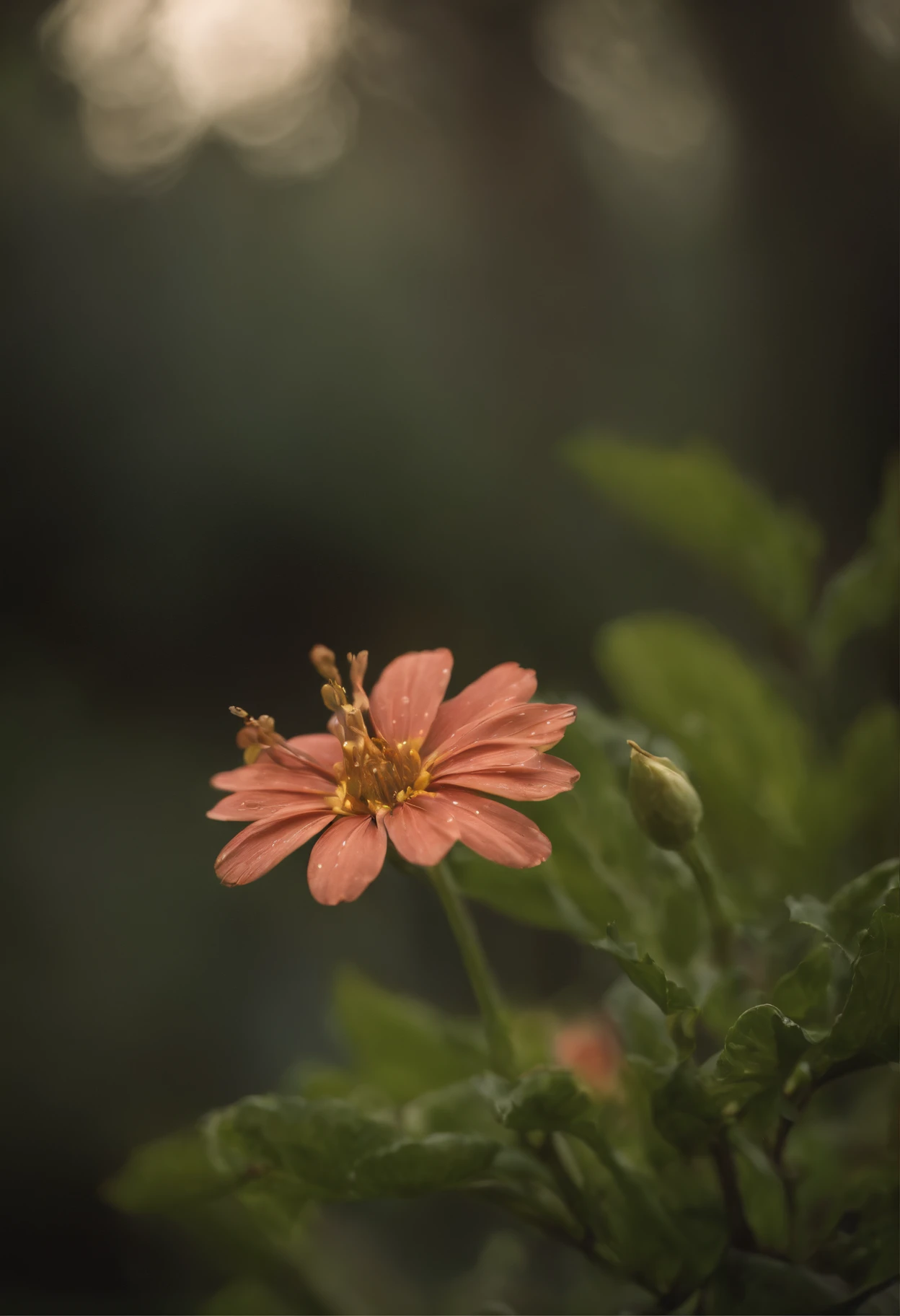 close-up de uma raposa em uma floresta encantada, noite, vaga-lumes, Volumetric Haze, Halation, flor, dramatic atmosphere, Centralizado, thirds rule, 200mm macro launch 1.4T