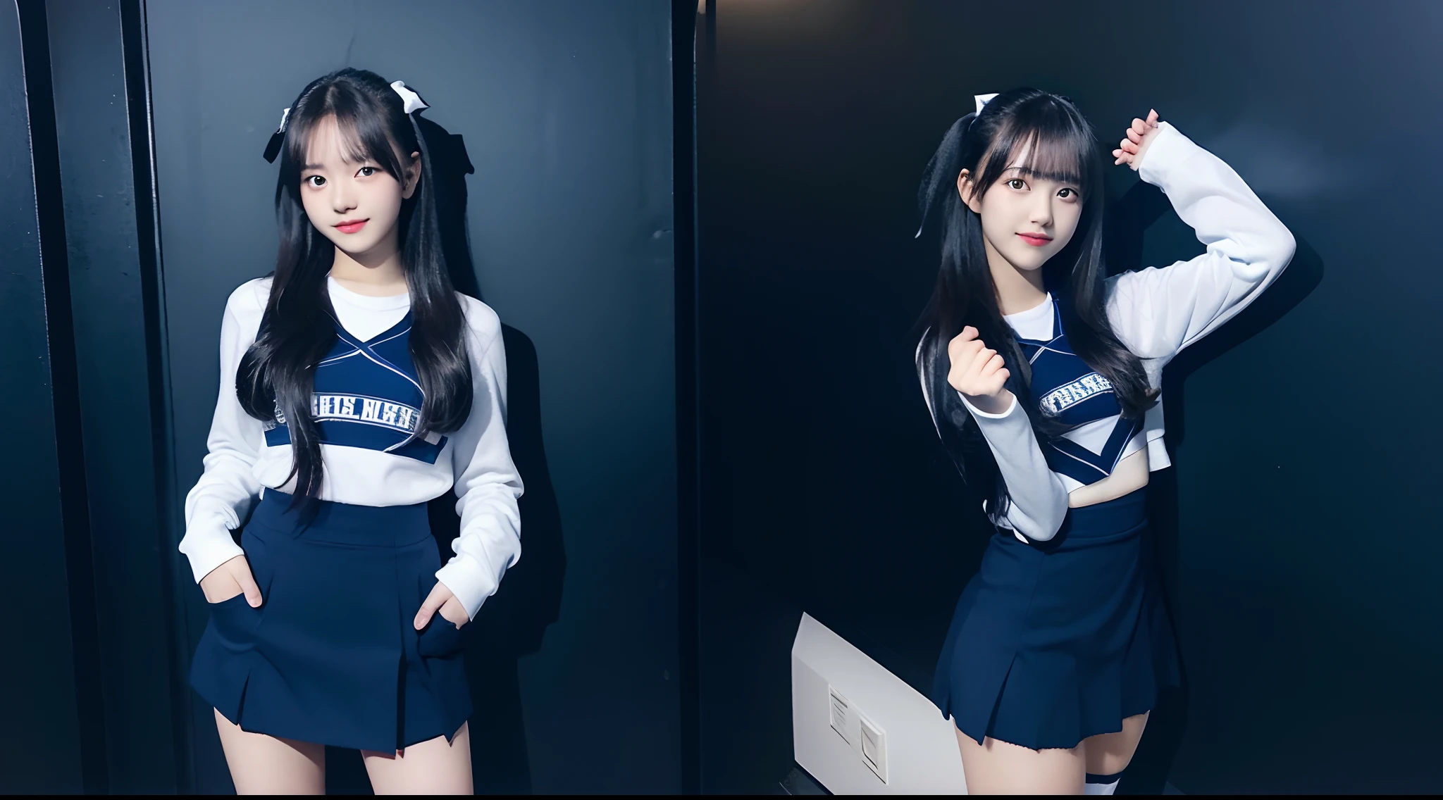18-year-old cheergirl in a dark blue miniskirt