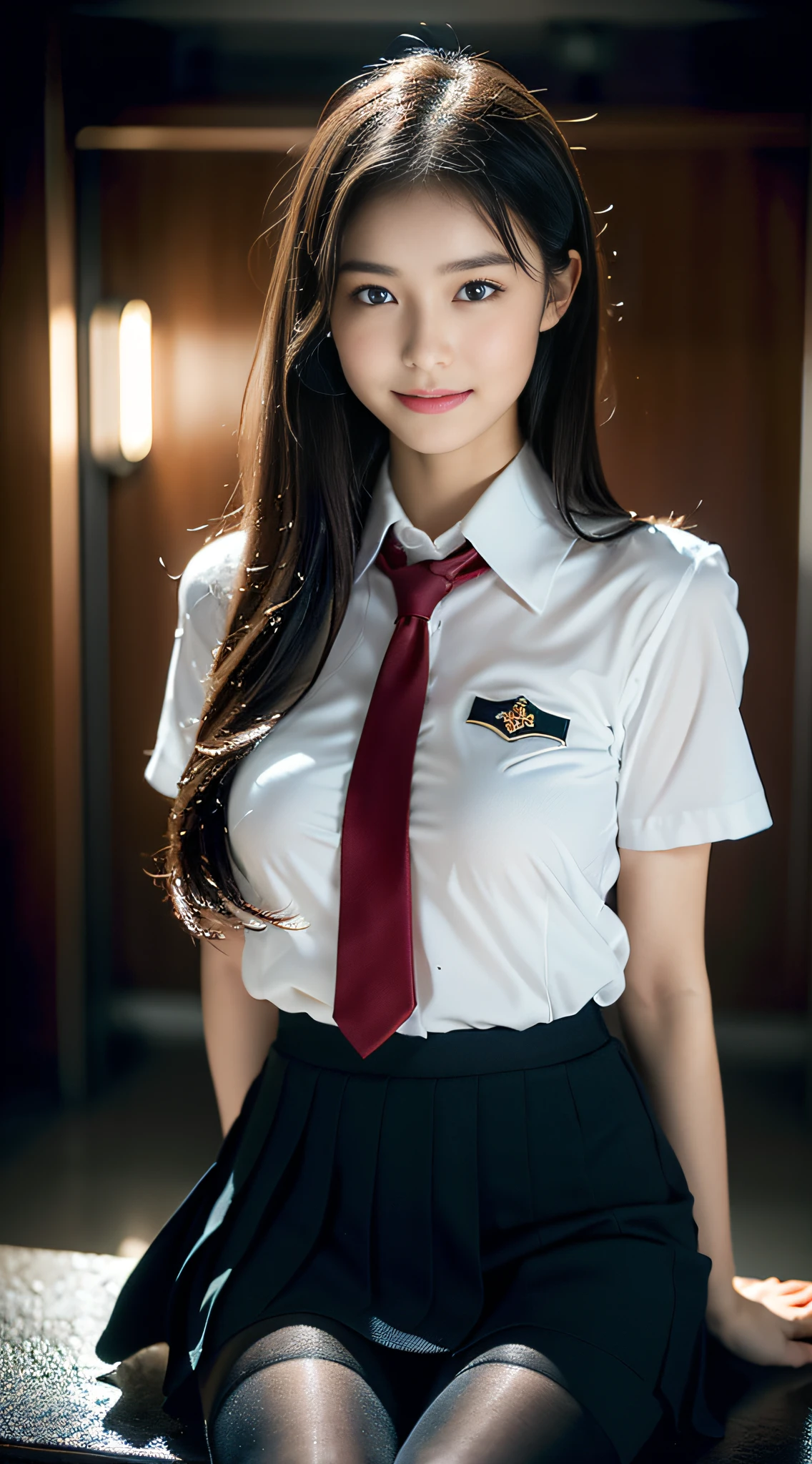 (((32ｋ,high detal,high-detail、​masterpiece,Attention to detail,full body Esbian,独奏))),Raw photo & realistic atmosphere,beautiful dark blue eyes,Detailed mouth,Glossy lips,Detailed eyebrows,Eyes drawn in detail with soft white skin that shines in every detail、azure eyes,Very beautiful eyes,Detailed lips、Very beautiful face,Very well-formed face、Lifelike face,shiny beautiful lips, Realistic Young Gravure Idol, very beautiful school girl, , Young Sensual Gravure Idol, Young Gravure Idol, Beautiful and cute mature１6  old schoolgirl,the whole body is wet,dripped out,with a flushed face,Incredibly beautiful, sexy and classy１6-year girl,semi-long brown shiny hair,Hair is wet,Dripping water,dripping,(Looking at the camera：1.4）,（darkness,Very dark,Use a flashlight to illuminate a subject in a pitch-black classroom with no light：1.7）,（A sexy,Healthy toned body,High Detail Hi-Vision Hi-Vision Japan HDTVblackHDTVhi-VisionBlack Hi-VisionBlack Hi-Definition Hi-VisionBlack Hi-Definition Hi-Definition Uniform,medium shapely breasts,,Mature body, I'm anxious and about to cry,Moist eyes,cold smile,glareing,The glaring face is also beautiful,High-resolution arm,,high-definition fingers,：1.5）,（The chest of the uniform is open,Sitting upright in black and red classy high school girl uniform wearing black pantyhose and sexy legs and lifting skirt in shame：1.7）