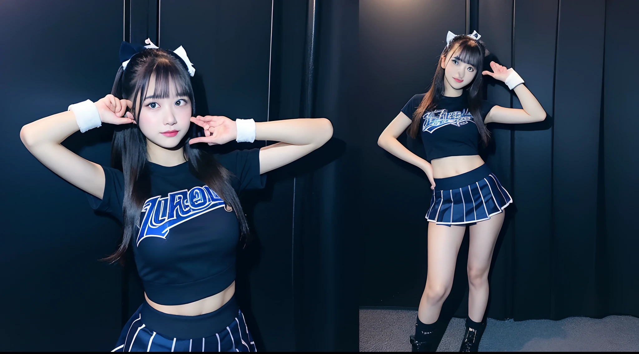 18-year-old cheergirl in a dark blue miniskirt