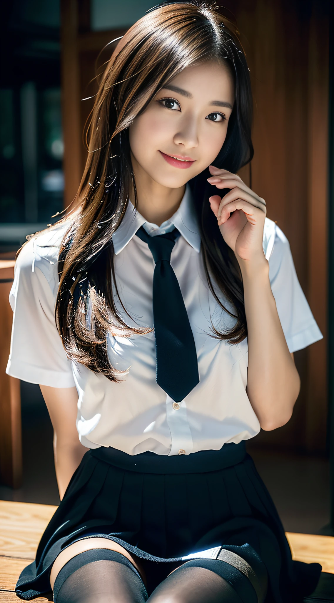 (((32k,high detal,high-detail、masterpiece,Attention to detail,full body Esbian,独奏))),Raw photo & realistic atmosphere,beautiful dark blue eyes,Detailed mouth,Glossy lips,Detailed eyebrows,Eyes drawn in detail with soft white skin that shines in every detail、azure eyes,Very beautiful eyes,Detailed lips、Very beautiful face,Very well-formed face、Lifelike face,shiny beautiful lips, Realistic Young Gravure Idol, very beautiful school girl, , Young Sensual Gravure Idol, Young Gravure Idol, Beautiful and cute mature16 old schoolgirl,the whole body is wet,dripped out,with a flushed face,Incredibly beautiful, sexy and classy16-year girl,semi-long brown shiny hair,Hair is wet,Dripping water,dripping,(Looking at the camera:1.4),(darkness,Very dark,Use a flashlight to illuminate a subject in a pitch-black classroom with no light:1.7),(A sexy,Healthy toned body,High Detail Hi-Vision Hi-Vision Japan HDTVblackHDTVhi-VisionBlack Hi-VisionBlack Hi-Definition Hi-VisionBlack Hi-Definition Hi-Definition Uniform,medium shapely breasts,,Mature body, I'm anxious and about to cry,Moist eyes,cold smile,glareing,The glaring face is also beautiful,High-resolution arm,,high-definition fingers,:1.5),(The chest of the uniform is open,Sitting upright in black and red classy high school girl uniform wearing black pantyhose and sexy legs and lifting skirt in shame:1.7)