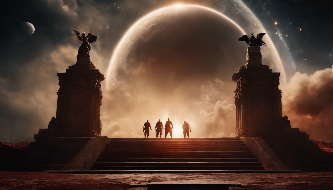 epic scene, stairway from heaven to hell, demons and angels fighting in the sky, God and Satan having a hand to hand combat, extremely detailed scene, bloody combat, solar system universe background