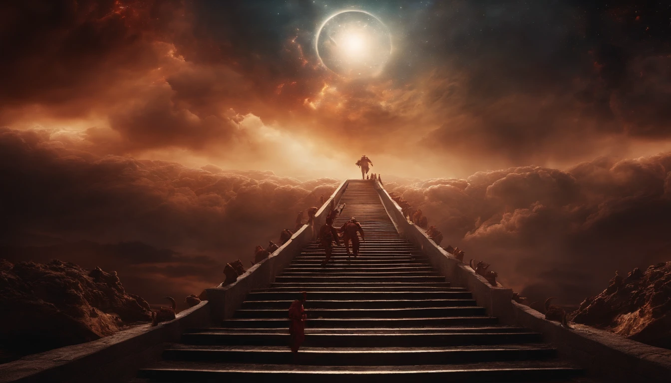 epic scene, stairway from heaven to hell, demons and angels fighting in the sky, God and Satan having a hand to hand combat, extremely detailed scene, bloody combat, solar system universe background
