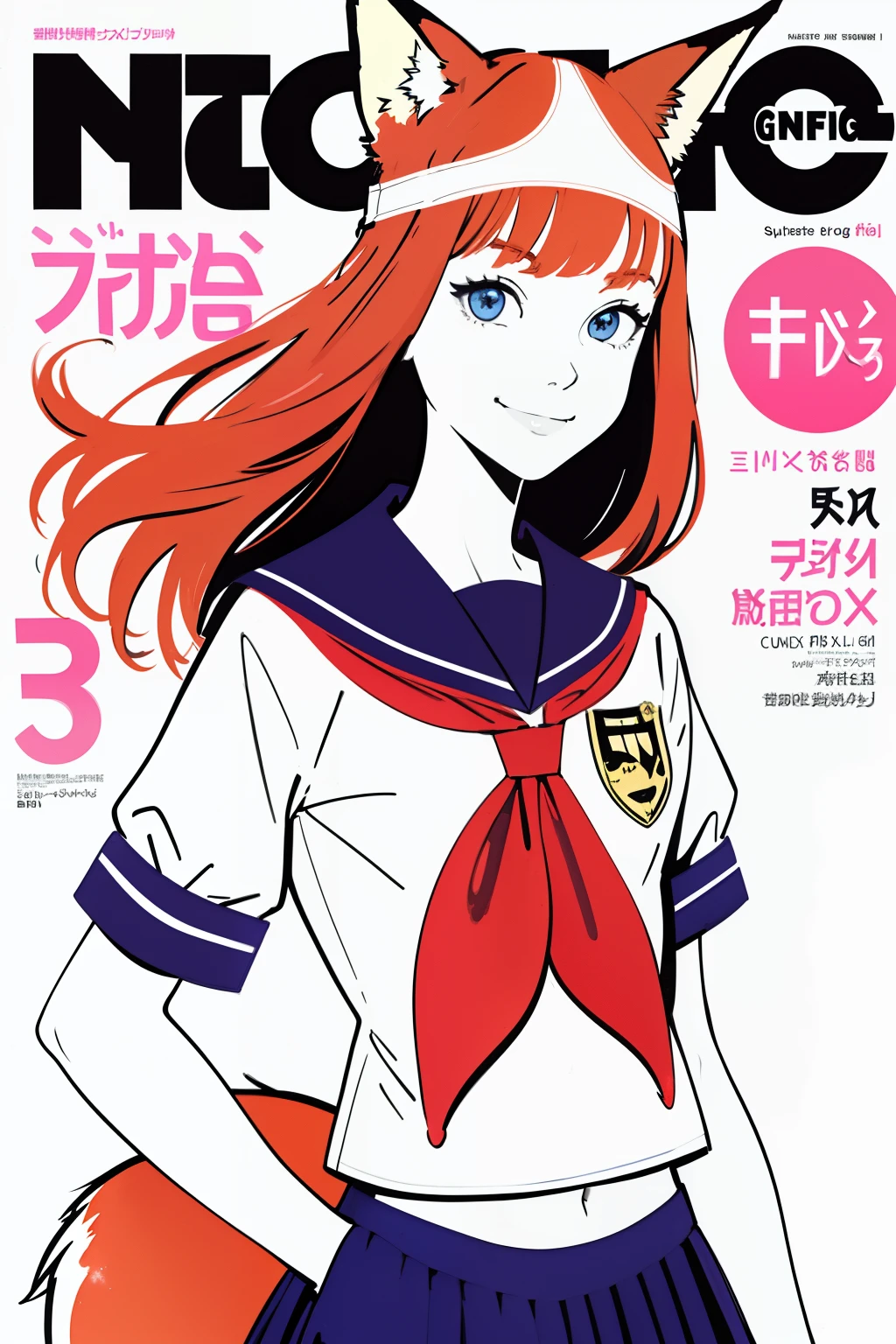 (superflat, flat shading, flat colors:1.1), (magazine cover), 1girl, , fox ears, ginger, slim, school uniform, panties_on_head, smile, soft light, bright, colorful, watercolor