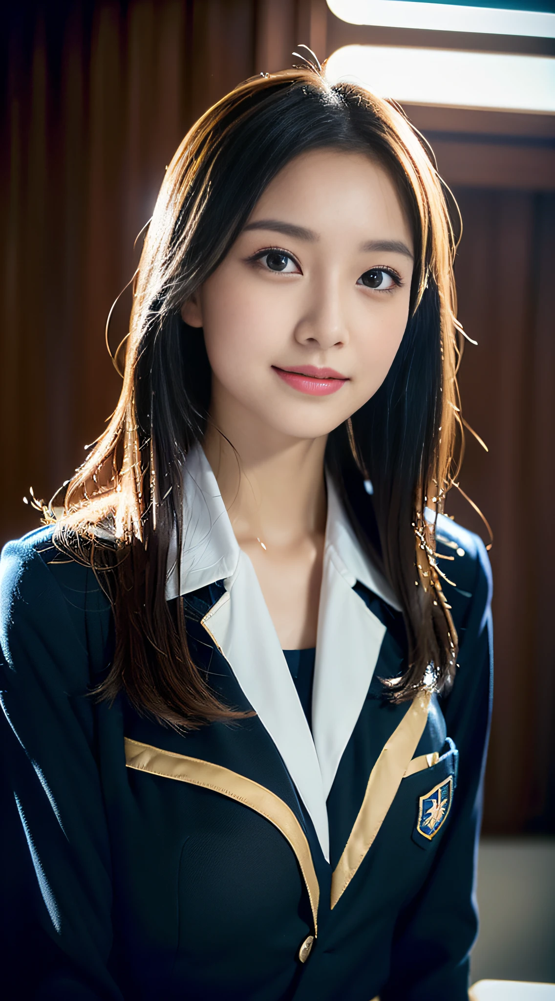(((32ｋ,high detal,high-detail、​masterpiece,Attention to detail,full body Esbian,独奏))),Raw photo & realistic atmosphere,beautiful dark blue eyes,Detailed mouth,Glossy lips,Detailed eyebrows,Eyes drawn in detail with soft white skin that shines in every detail、azure eyes,Very beautiful eyes,Detailed lips、Very beautiful face,Very well-formed face、Lifelike face,shiny beautiful lips, Realistic Young Gravure Idol, very beautiful school girl, , Young Sensual Gravure Idol, Young Gravure Idol, Beautiful and cute mature１6  old schoolgirl,the whole body is wet,dripped out,with a flushed face,Incredibly beautiful, sexy and classy１6-year girl,semi-long brown shiny hair,Hair is wet,Dripping water,dripping,(Looking at the camera：1.4）,（darkness,Very dark,Use a flashlight to illuminate a subject in a pitch-black classroom with no light：1.7）,（A sexy,Healthy toned body,High Detail Hi-Vision Hi-Vision Japan HDTVblackHDTVhi-VisionBlack Hi-VisionBlack Hi-Definition Hi-VisionBlack Hi-Definition Hi-Definition Uniform,medium shapely breasts,,Mature body, I'm anxious and about to cry,Moist eyes,cold smile,glareing,The glaring face is also beautiful,High-resolution arm,,high-definition fingers,：1.5）,（The chest of the uniform is open,Wearing black pantyhose and sexy legs and sitting in a black and red classy high school girl uniform and lifting her skirt to the very edge：1.7）