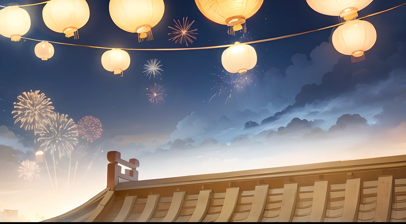 the night,starrysky,clouds,fire works,Traditional Chinese red lantern,Buildings in the distance,Eaves