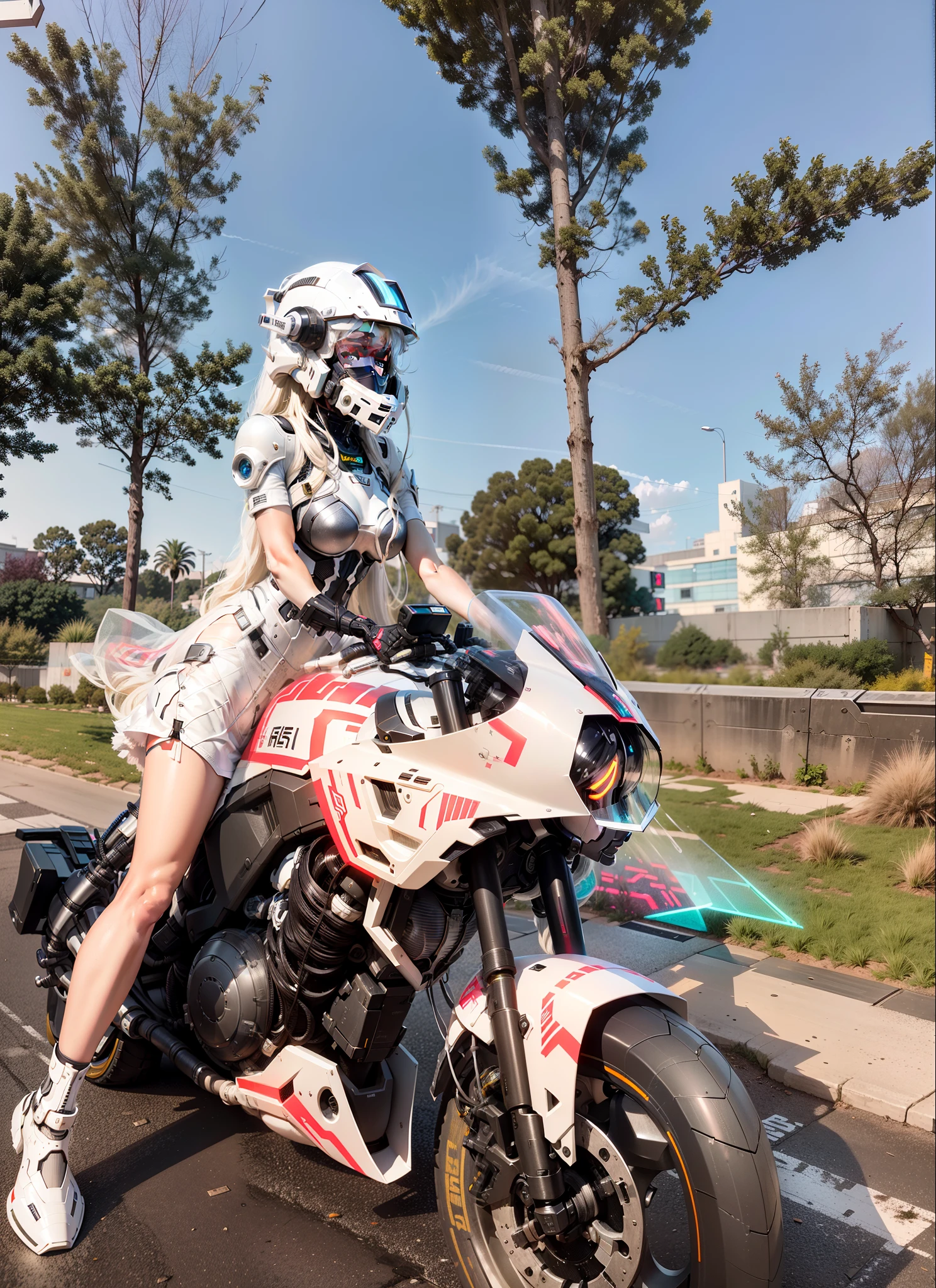 Sexy cyborg girl riding on the motorcycle, blonde hair, french braid, (Best quality, 4K, 8k, A high resolution, masterpiece:1.2), absurdity, masterpiece, ultra detailed, (realistic, photorealistic, photorealistic:1.37), complex parts, HDR, (complex parts:1.12), (hyper detailed, hyper realistic, Soft lighting, spicy:1.2), beautiful figure, beautiful legs, Magnificent Anatomy, (complex part, Hyper detailed:1.15), Smooth skin,