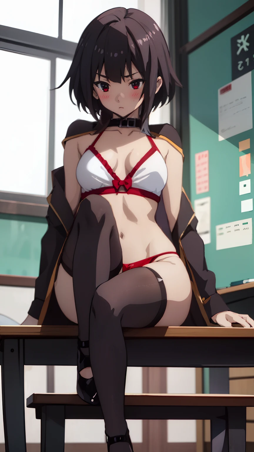 Nsfw, sfw, 18+, ero, erotic, embarrassed, blushing,red eyes, Sitting on school desk,with a magic class in the background, white very sexy short bikini, small breasts, detailed body, short black shine hair, legs crossed, one leg on top of the other, legs crossed, panties visible, sexy stockings, heels,Hi-Res, 1girl in, Cute anime illustration, 18+