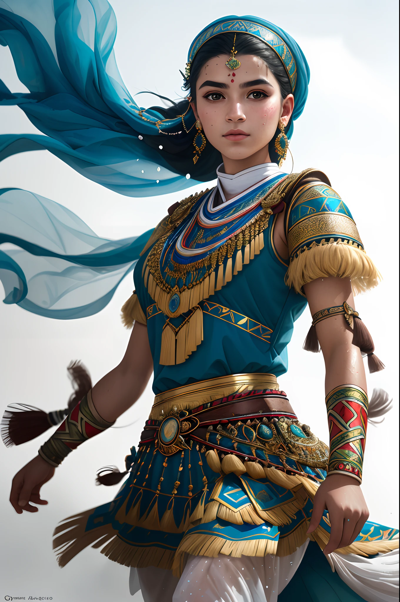 Young traditional dancer of the Arab nation, Details and sharp focus on her face, Hyper-detailing, A high resolution, Portrait of William Hainretz, aquarelle, Wet and splash technology, Centered, Perfectcomposition, abstraction, surrealism, trending on artstationh, Sharp focus, studio photo, Intricate details, Highly detailed, by Greg Rutkowski