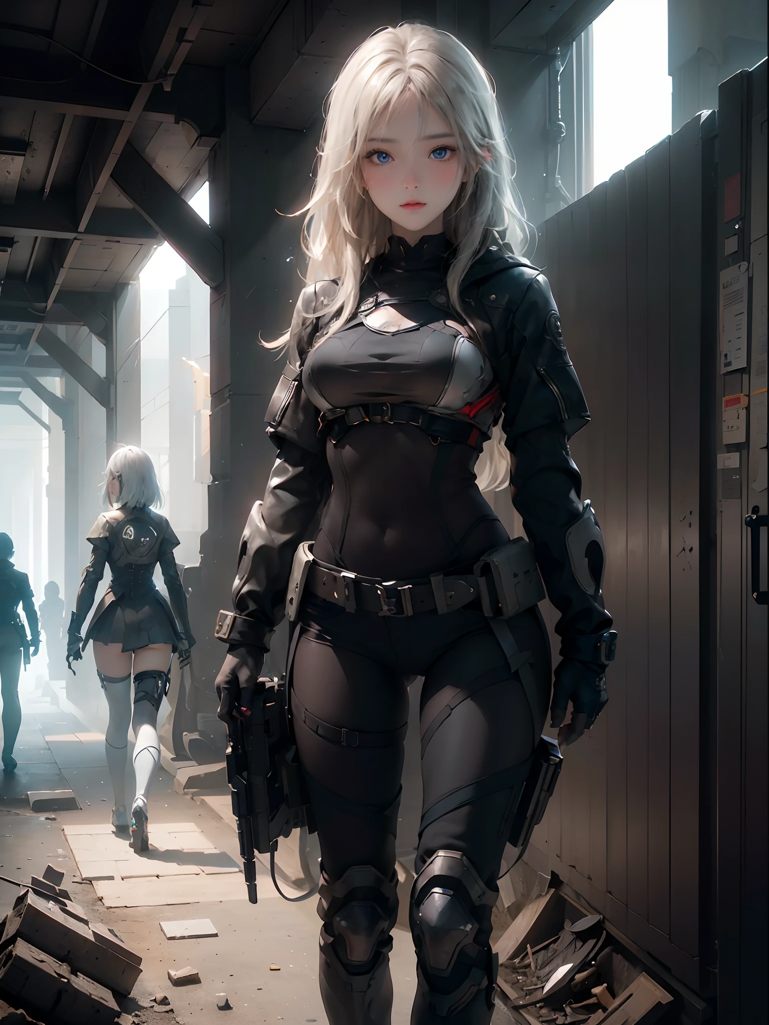 ((top-quality)), (((masterpiece)), (detaileds: 1.4), 3D, Beautiful Cyberpunk Woman Image, bob cuts, Broken black tights, leather clothes, Electromechanical, nffsw(HighDynamicRange), Ray traching, NVIDIA RTX, Hyper-Resolution, Unreal 5, Sub-surface scattering, PBR Texture, Postprocess, Anisotropy Filtering, depth of fields, Maximum sharpness and acutance, Multilayer Texture, Albedo and Highlight Maps, Surface Coloring, Accurate simulation of light-material interactions, perfectly proportions、octane renderings、two tone lighting、Large aperture、Low ISO、White Balance、thirds rule、8K Raw、masterpiece、top-quality、(8k extremely detailed CG unit wallpaper)(top-quality)、(The best illustrations)、(Best Shadows), innocent blue eyes, long hair, big tits, super detailed hand