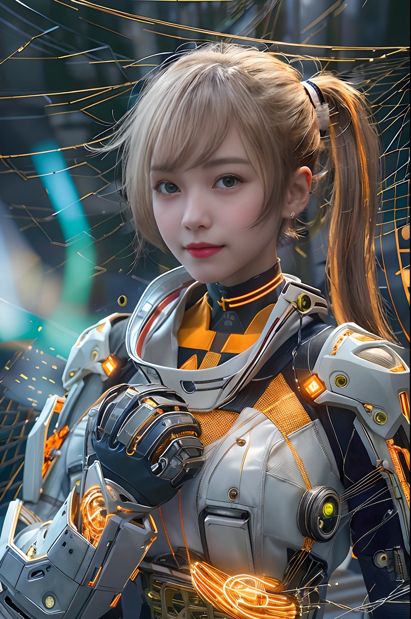 Cybernetic arm and glowing cyber girl,(J Women's Uniform,a sailor suit,White skirt,),Strenuous movements,Add a motion blur effect to simulate motion,Stand on a post-apocalyptic battlefield cityscape.Surrounded by a network of wires. Surrounded by a web of circuits. (Cyber Girl with Orange Glowing Sword:1.3), glossy light brown and orange two-tone color,,,,,short-hair,disheveled ponytail,Cute smile,Perfect round face,Black eyes,A cheerful smile that makes the viewer happy,Proper body proportion,Intricate details,Very delicate and beautiful hair,photos realistic,Dreamy,Professional Lighting,realistic shadow,Solo Focus,Beautiful hands,Beautiful fingers,Detailed finger features,detailed clothes features,Detailed hair features,detailed facial features,(masutepiece,top-quality,Ultra-high resolution output image,) ,(The 8k quality,),Science fiction fantasy