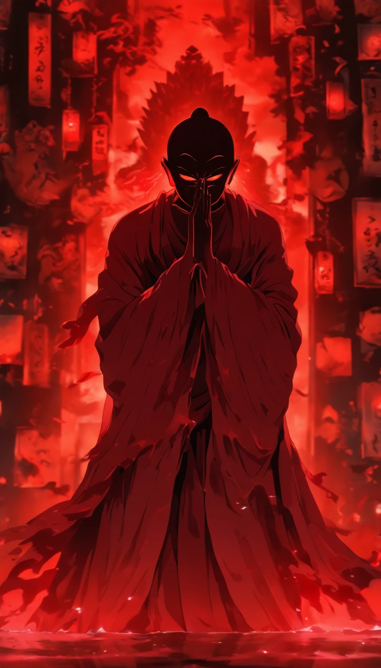 Blood red room, Flashing white TV screen, BUDDHA STATUE, cabelos preto e longos, with hair dishevelled, Cover one eye and face, Bright red eyes, Wearing a white transparent robe, Looming full breasts,liquor,Devil, reaching out her hands,Straighten your body, Red nails are exposed, Pinch the camera, hyper HD, Anatomically correct, Textured skin, Super detail, High details, High quality, A high resolution, 8K, hyper HD, Anatomically correct, Textured skin, Super detail, High details, High quality, Best quality, 8K,Leishnampo,Room 2,Horror