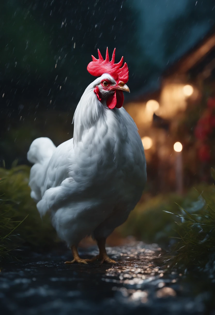 White chicken/rabbits, anthro rooster/the white rabbit,wet fur, heavy rain, on a riverbank, Brightly colored vegetation in the environment, Ultra detailed, Obras de arte intrincadas, 8K ultra-realistic cover photo,The colors are dazzling, Night lighting in the background, Intricate. Definition of blockbusters, Cinematic, A realistic masterpiece with 8K resolution: