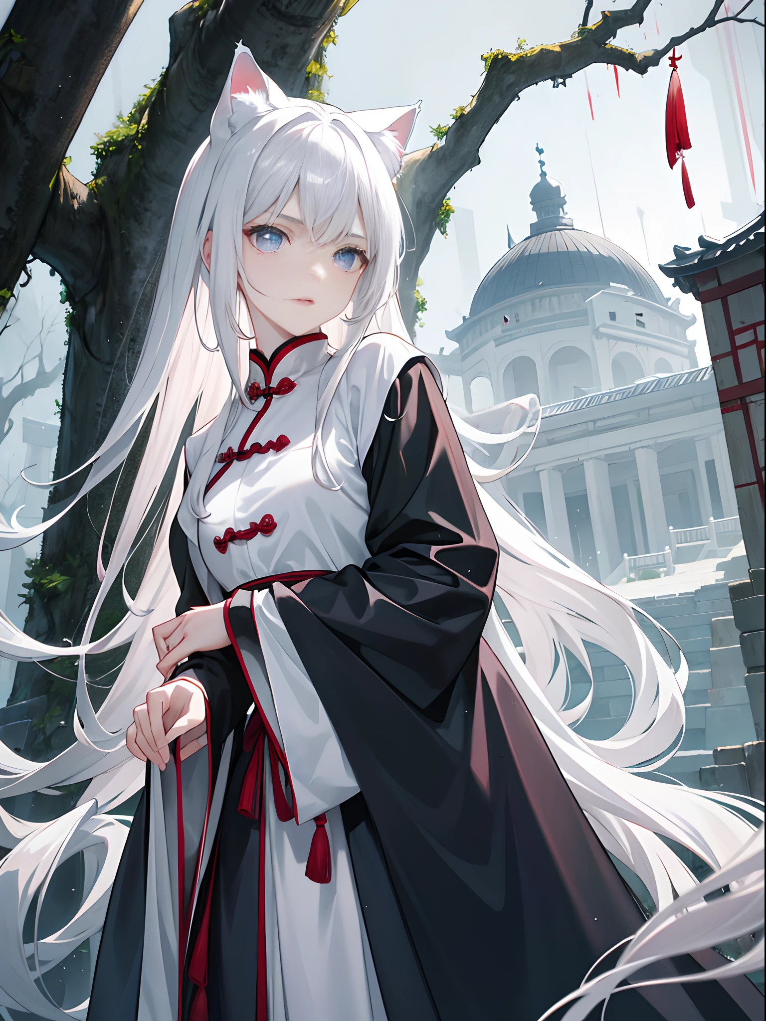 Masterpiece, Super Class, Night, Outdoor, Rainy Day, Branches, Chinese Style, Ancient China, 1 girl, young girl, Silver-White Long-Haired Woman, Gray-Blue Eyes, Pale Pink Lips, Indifference, Seriousness, Bangs, Assassin, Sword, White Clothes, Blood, Blood, Violence, Death, Injury, Blood, Facial Bloodstain, Facial Details, Facial Details, cat ears