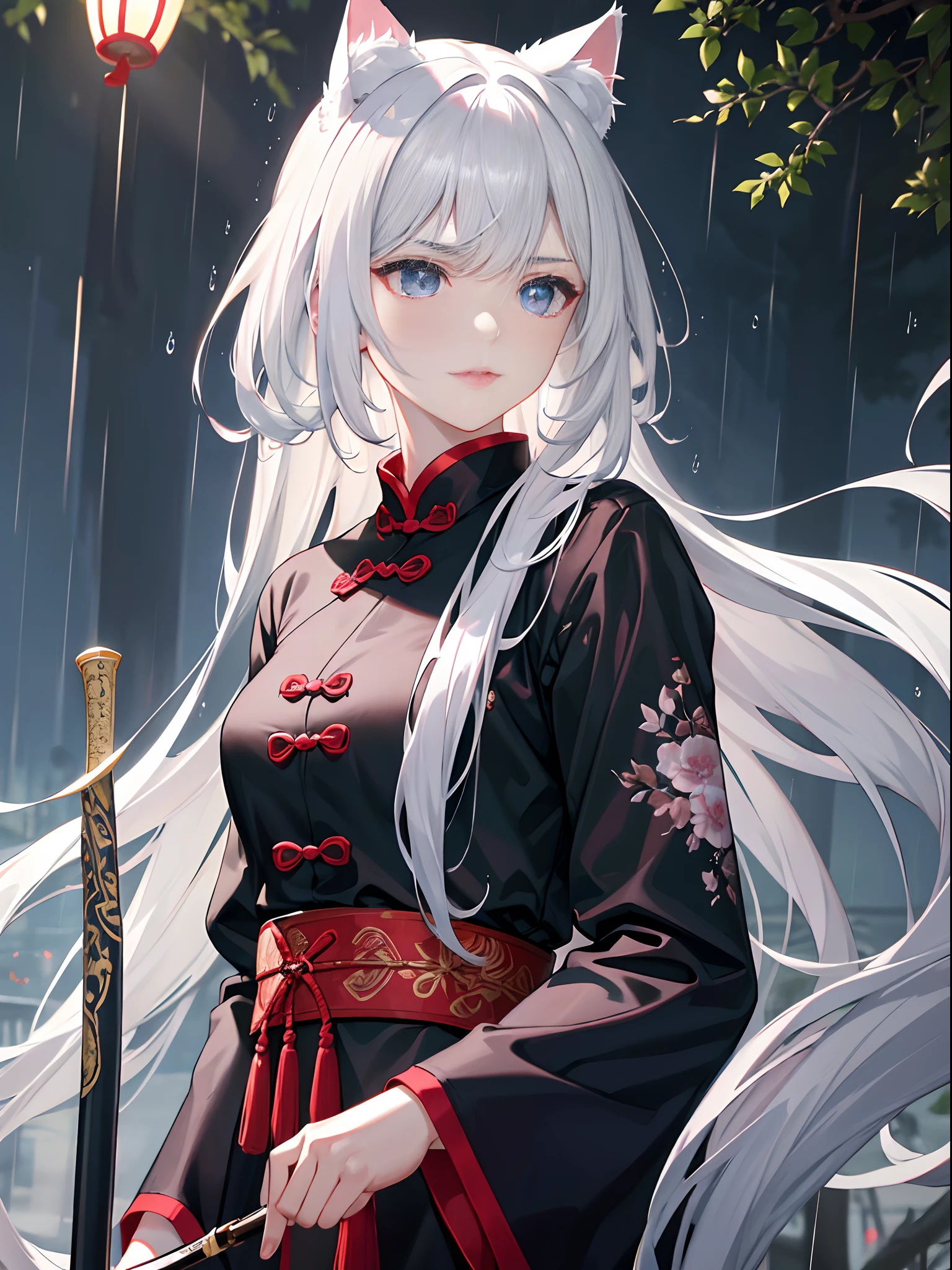 Masterpiece, Super Class, Night, Outdoor, Rainy Day, Branches, Chinese Style, Ancient China, 1 girl, young girl, Silver-White Long-Haired Woman, Gray-Blue Eyes, Pale Pink Lips, Indifference, Seriousness, Bangs, Assassin, Sword, White Clothes, Blood, Blood, Violence, Death, Injury, Blood, Facial Bloodstain, Facial Details, Facial Details, cat ears