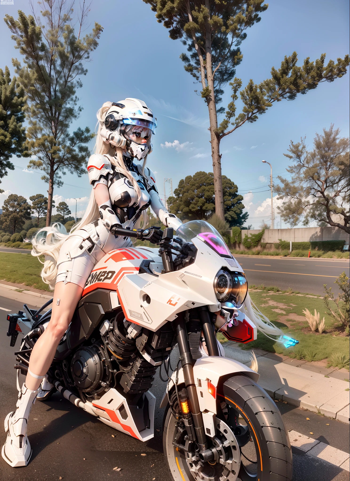 Cute cyberpunk female knight，Long flowing white hair，Black mech costume，Sophisticated white tech helmet，Nousr， Biomechanicals， MSHN Robot Woman，High-tech helmet，hyper realisitc， Steel， Complex design， insanely details， finely detailled， Extremely clear lines， cinmatic lighting， photograph realistic， A detailed masterpiece