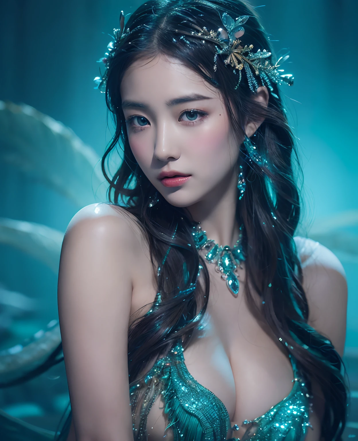 Dive into the depths of imagination with a stunning portrait of a sea nymph, adorned with shimmering scales and cascading locks of seaweed hair, highly detailed, HD resolution