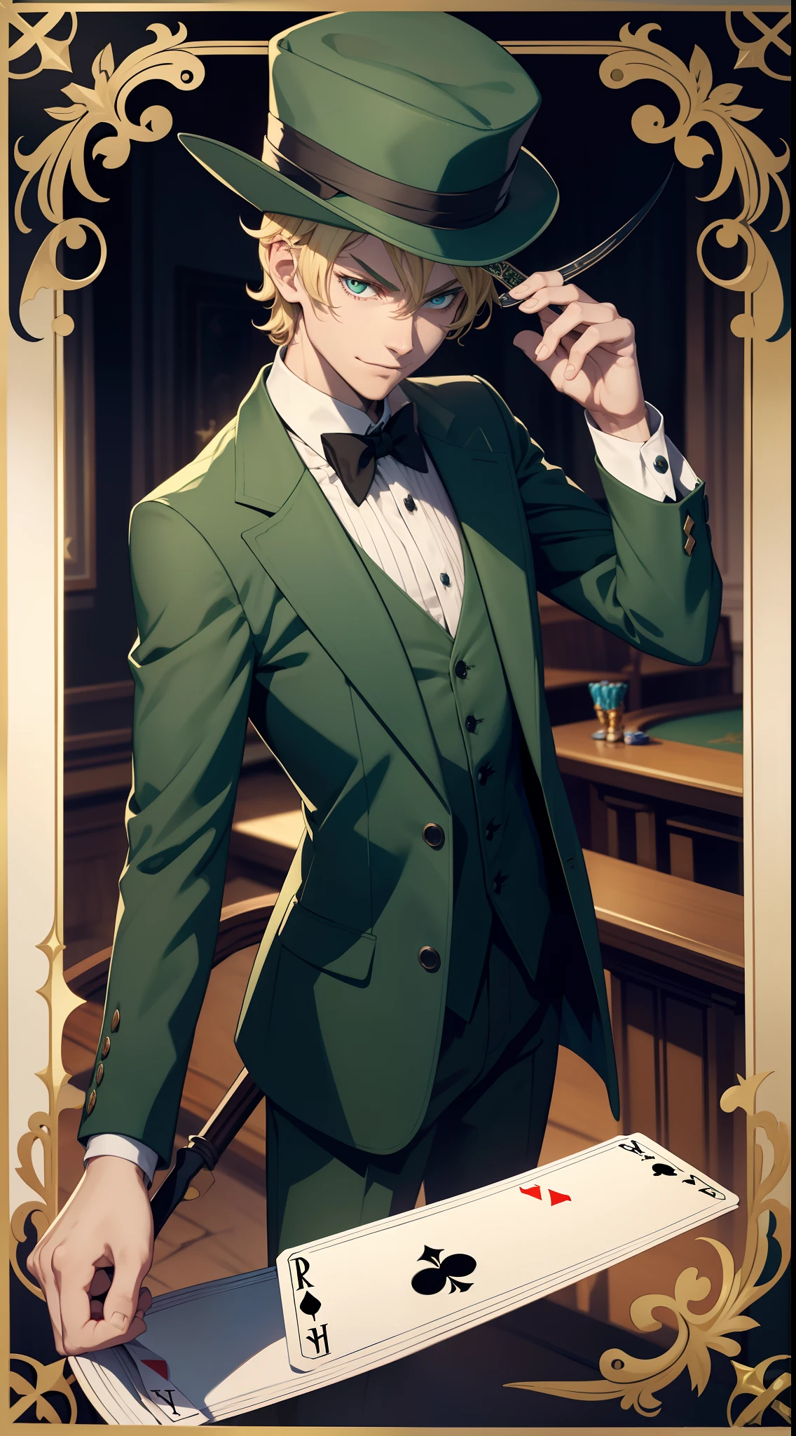 young boy, short curly blonde hair, Green eyes, smirk, evil, wizard hat, Magician's jacket, Magician Form, cane, playing cards, a joker, Masterpiece, hiquality, 4k, HD, Good detail