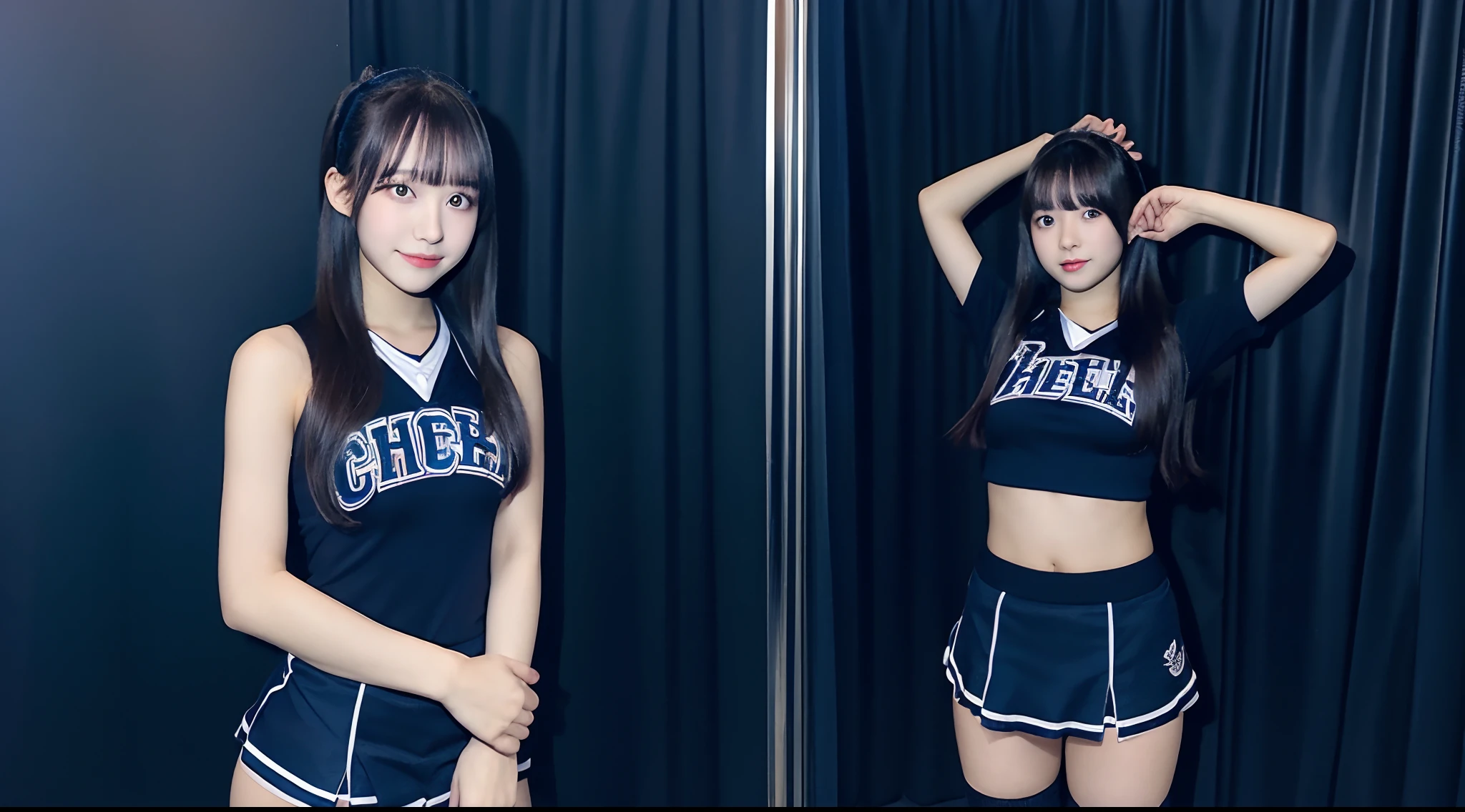 18-year-old cheergirl in a dark blue miniskirt