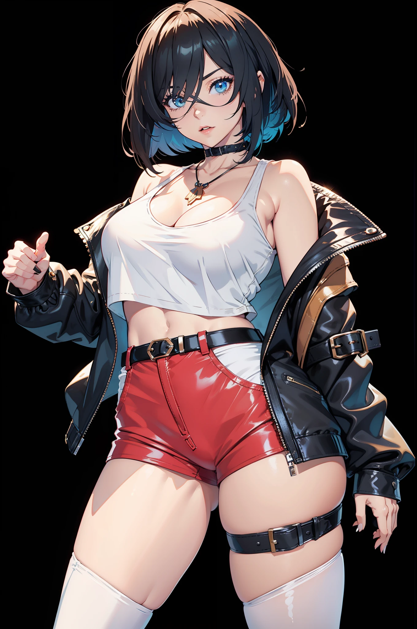 Picture a 27 years old female with golden bob cut hair wearing a leather jacket with short t shirt exposing her cleavage and hips,  she should wear mini jeans with spiky belt and wearing a white black gloves.She should be wearing fishnet with high heels, set her in an open street filled with light metropolitan backdrop, Atmosphere should be a. Night starry sky. Cinematic, 4k, digital art, 8k, highly detailed, illustration, 3D anime art, gorgeous