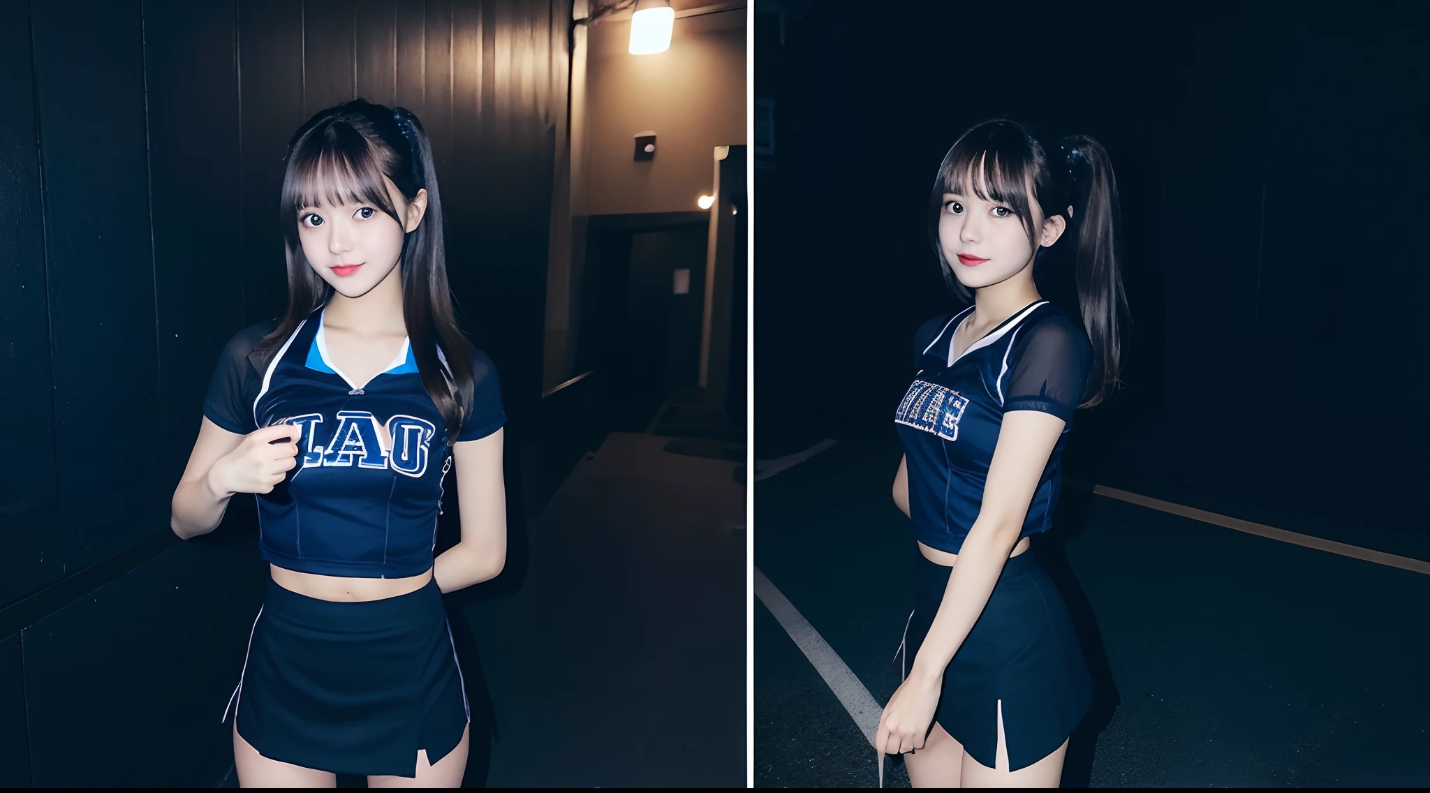 18-year-old cheergirl in a dark blue miniskirt