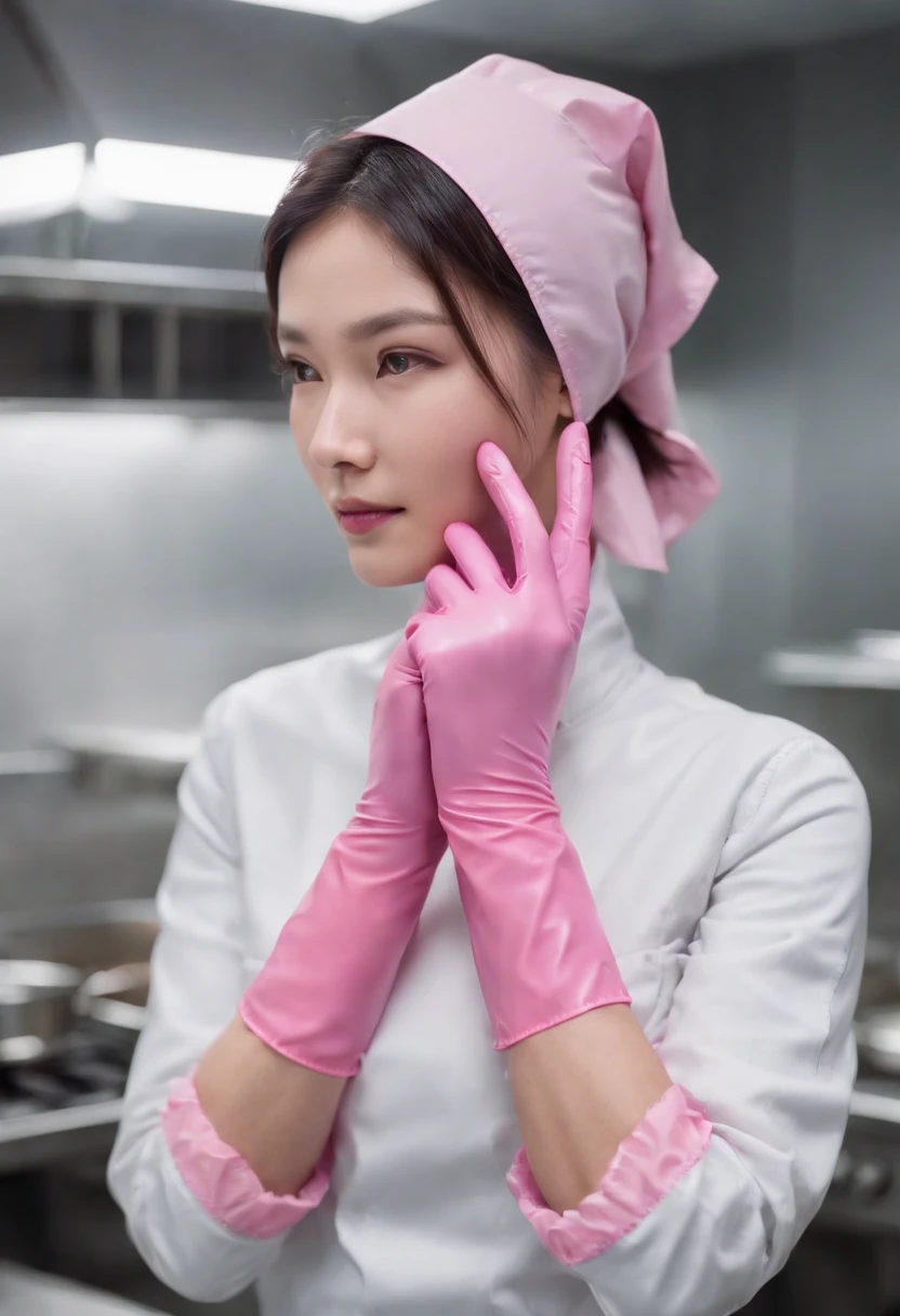 A close up of a person wearing pink gloves and a hat - SeaArt AI