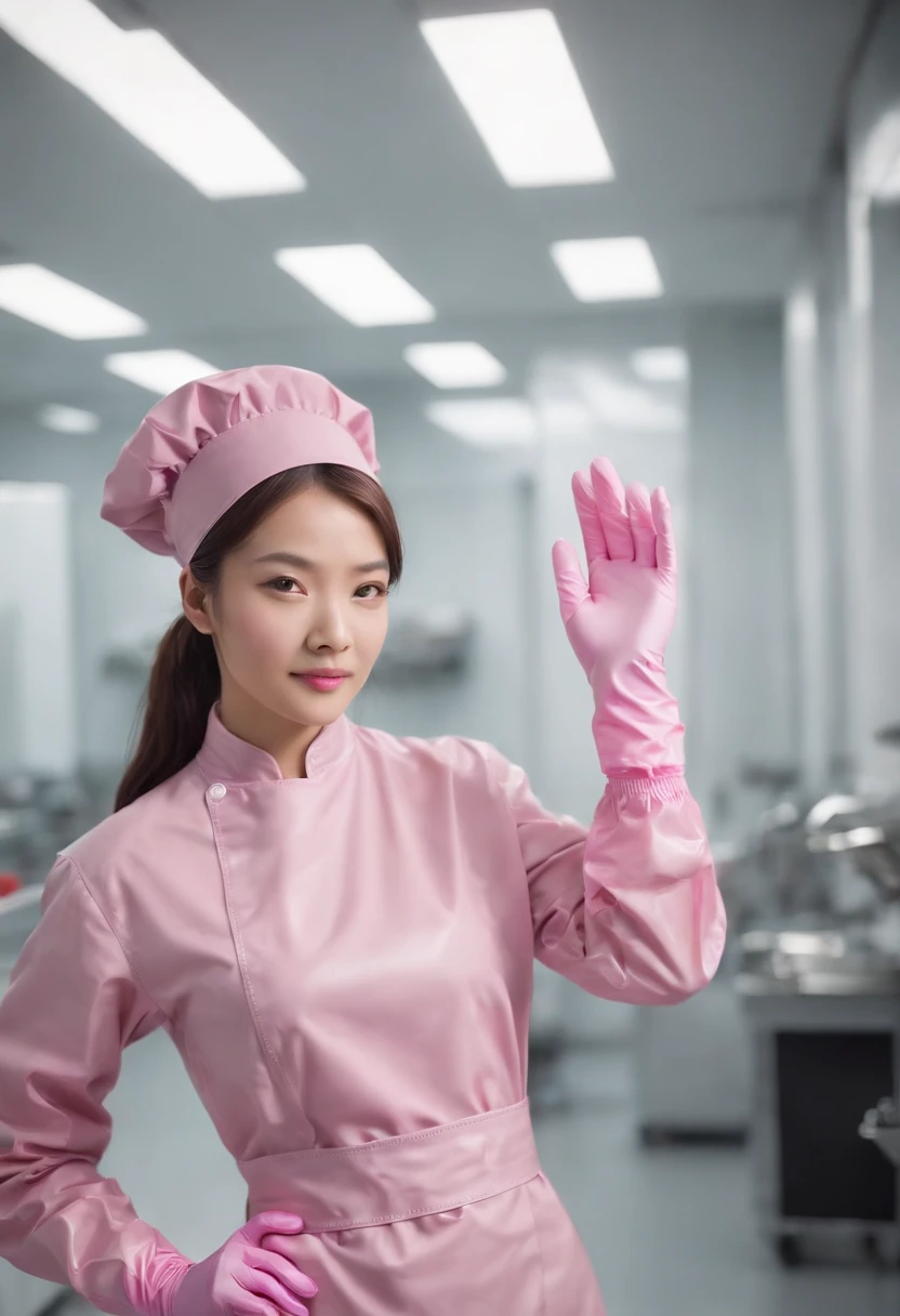 Meilin at the Advanced Metal Gear Research Institute. Highly realistic. rubber glove、Pink rubber gloves、Pink cooking gloves、Long gloves、Glossy gloves、Glossy apron