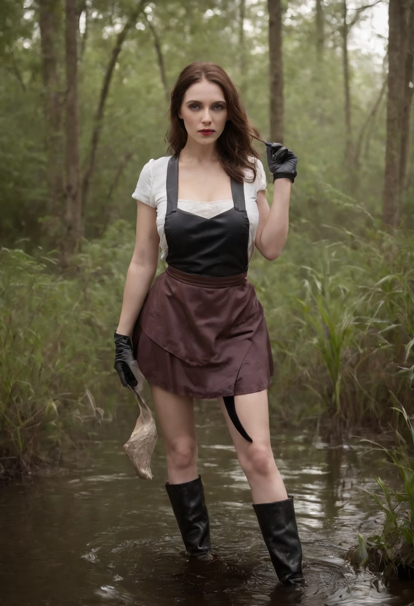softlighting, A woman drowns in the lower back in a swamp, Close-up of, (Realistic fantasy rendering in a swamp:1.0), Matte Painting Portrait Photography, realistic fantasy photography, (Lust:1.3), Mini skirt, black stockings with a garter on the legs,, Leather jacket, Leather boots, rubber glove、Pink rubber gloves、Pink cooking gloves、Long gloves、Glossy gloves、Glossy apron