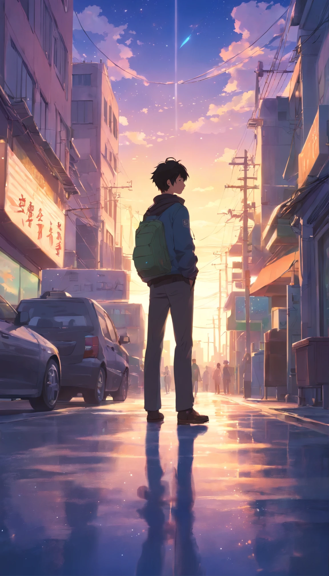 masterpiece、Adults、30Uncle of the generation、twinks、Forehead、30-years old、A dark-haired、Black jacket、Black pants、white t-shirts、Give bangs、Sticking out your forehead、twinks、Eyes drawn in detail、a handsome、Inside the city、starrysky、Mystical light、Dramatic light、Cinematic power、