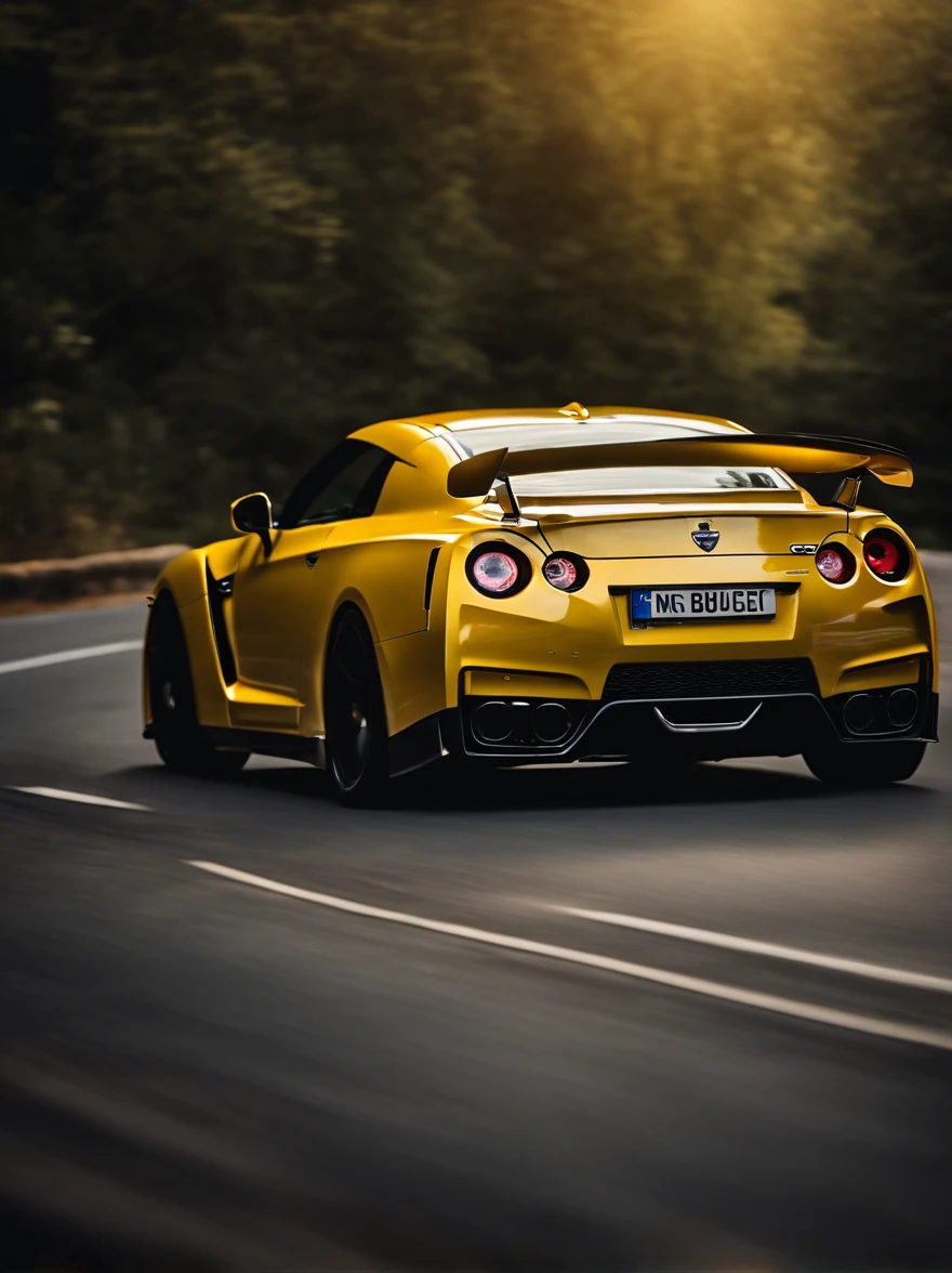 A Yellow GTR spers down the road, driving down a road of sunny day, high speed, dynamic movement and energy.