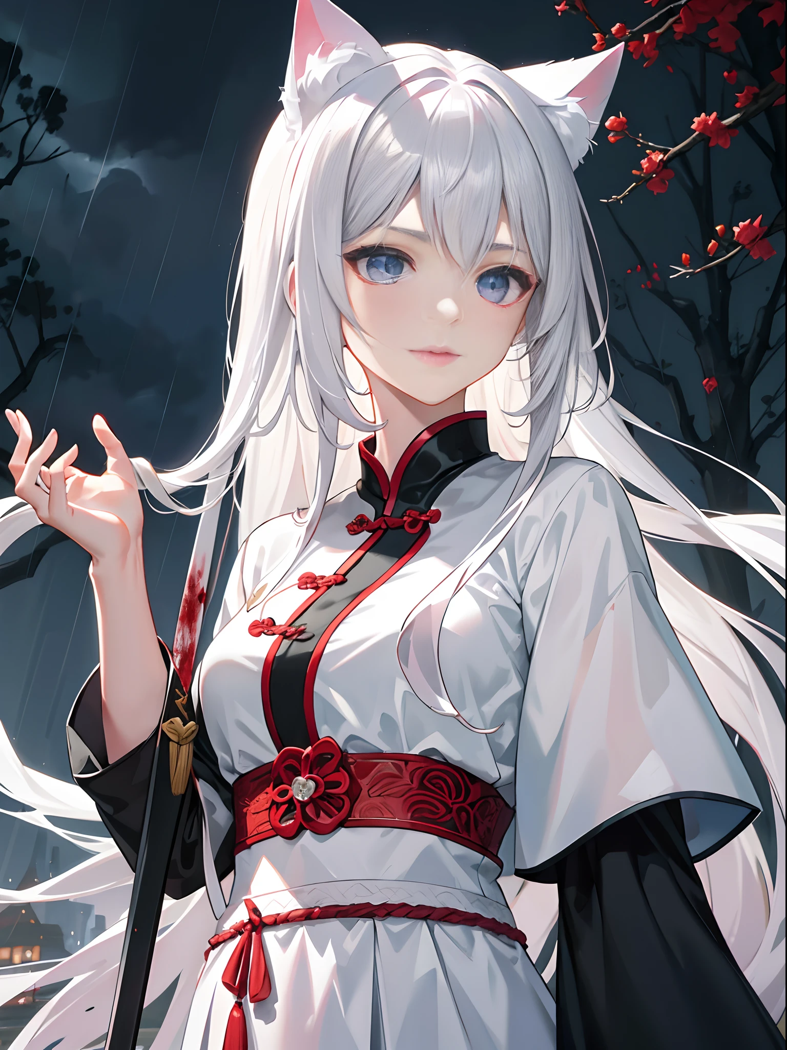 Masterpiece, Super Class, Night, Outdoor, Rainy Day, Branches, Chinese Style, Ancient China, 1 girl, young girl, Silver-White Long-Haired Woman, Gray-Blue Eyes, Pale Pink Lips, Indifference, Seriousness, Bangs, Assassin, Sword, White Clothes, Blood, Blood, Violence, Death, Injury, Blood, Facial Bloodstain, Facial Details, Facial Details, cat ears