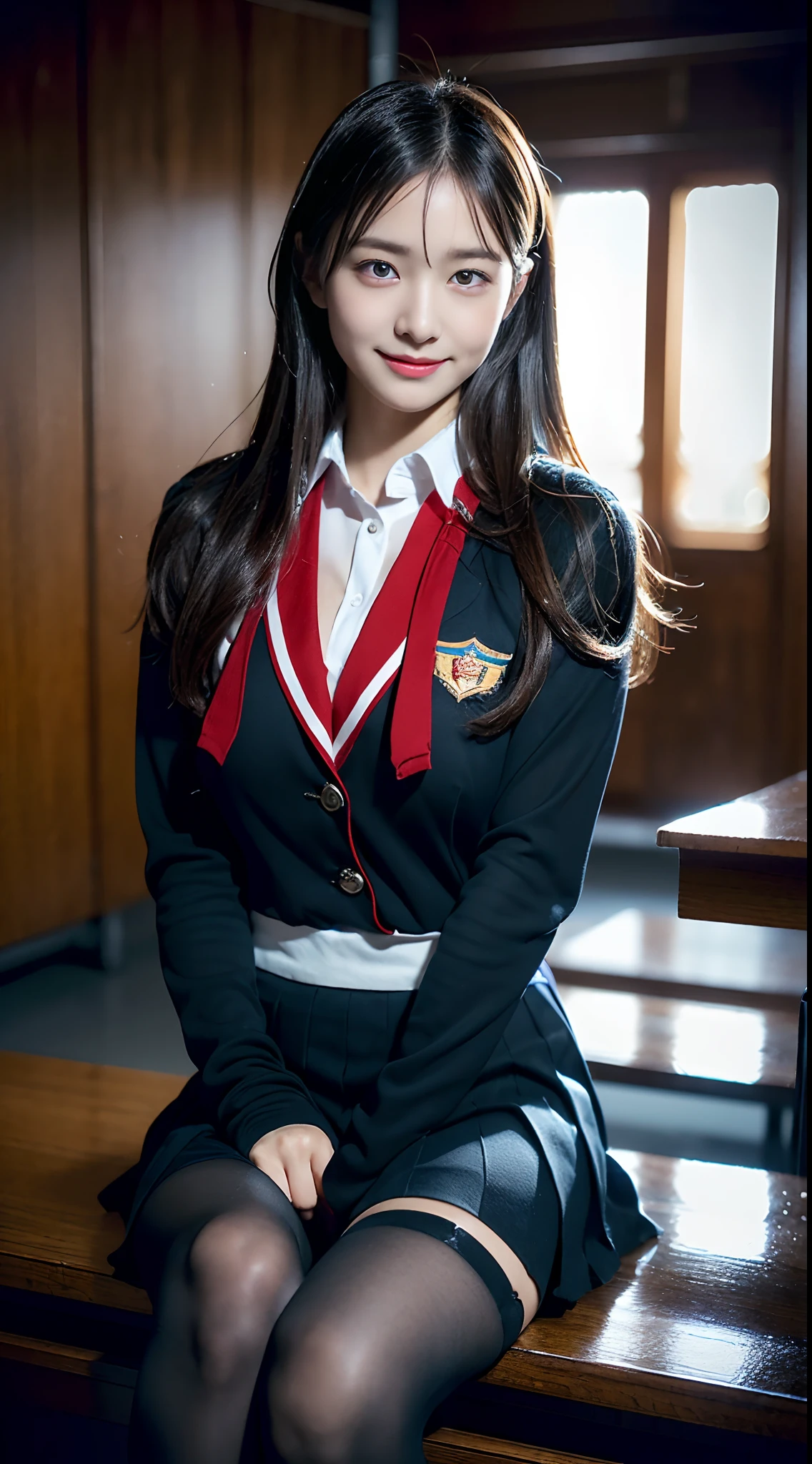 (((32k,high detal,high-detail、masterpiece,Attention to detail,full body Esbian,独奏))),Raw photo & realistic atmosphere,beautiful dark blue eyes,Detailed mouth,Glossy lips,Detailed eyebrows,Eyes drawn in detail with soft white skin that shines in every detail、azure eyes,Very beautiful eyes,Detailed lips、Very beautiful face,Very well-formed face、Lifelike face,shiny beautiful lips, Realistic Young Gravure Idol, very beautiful school girl, , Young Sensual Gravure Idol, Young Gravure Idol, Beautiful and cute mature16 old schoolgirl,the whole body is wet,dripped out,with a flushed face,Incredibly beautiful, sexy and classy16-year girl,semi-long brown shiny hair,Hair is wet,Dripping water,dripping,(Looking at the camera:1.4),(darkness,Very dark,Use a flashlight to illuminate a subject in a pitch-black classroom with no light:1.7),(A sexy,Healthy toned body,High Detail Hi-Vision Hi-Vision Japan HDTVblackHDTVhi-VisionBlack Hi-VisionBlack Hi-Definition Hi-VisionBlack Hi-Definition Hi-Definition Uniform,medium shapely breasts,,Mature body, I'm anxious and about to cry,Moist eyes,cold smile,glareing,The glaring face is also beautiful,High-resolution arm,,high-definition fingers,:1.5),(The chest of the uniform is open,Sitting upright in black and red classy high school girl uniform wearing black pantyhose and sexy legs and lifting skirt in shame:1.7)