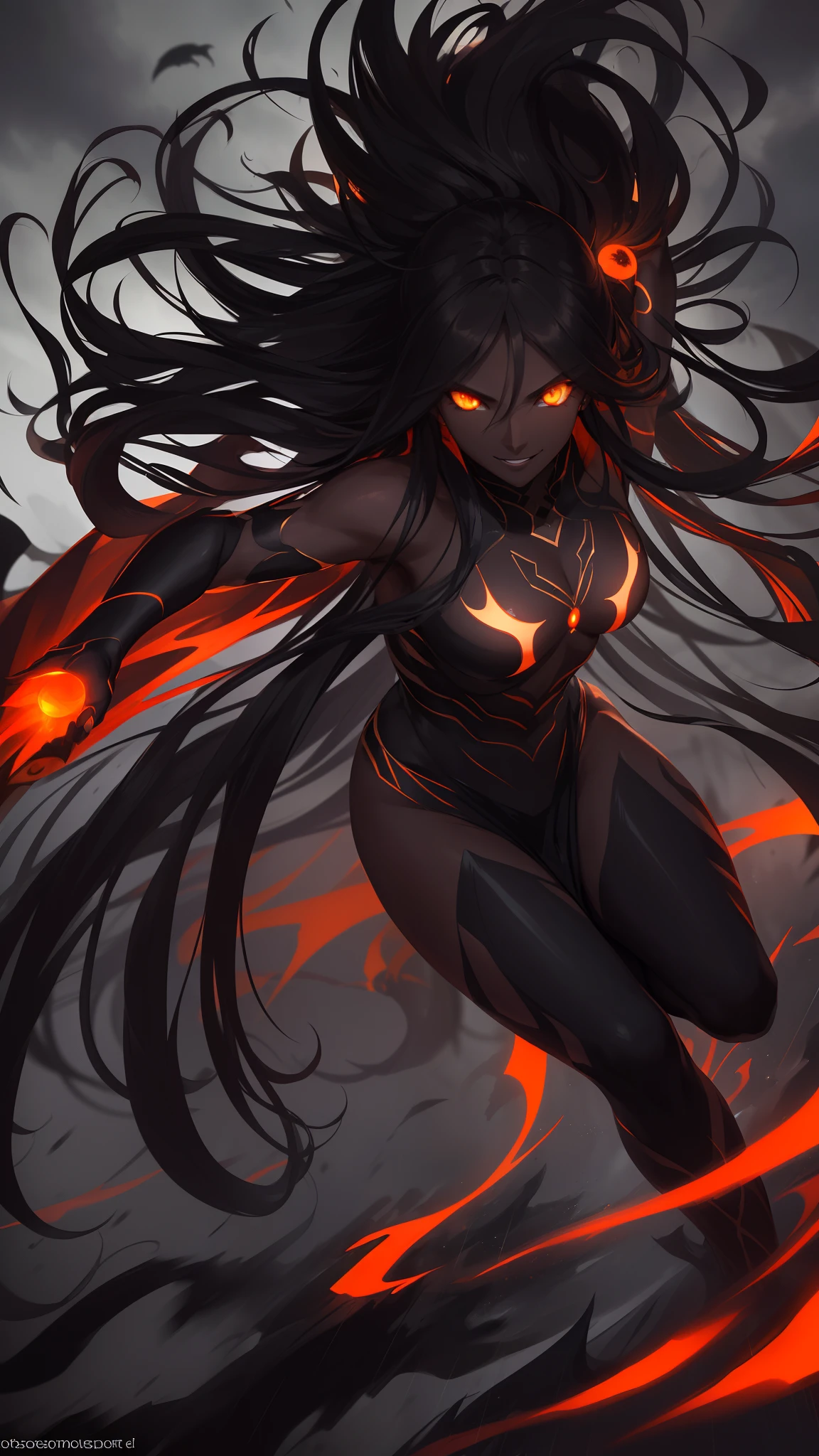 masterpiece, highest quality, female, orange glowing eyes, detailed eyes (1.4), long flowing hair, villainous expression, smiling, dark black skin,bare body, ready for battle, blurred stormy background, dark atmosphere, lighting in background,full body,