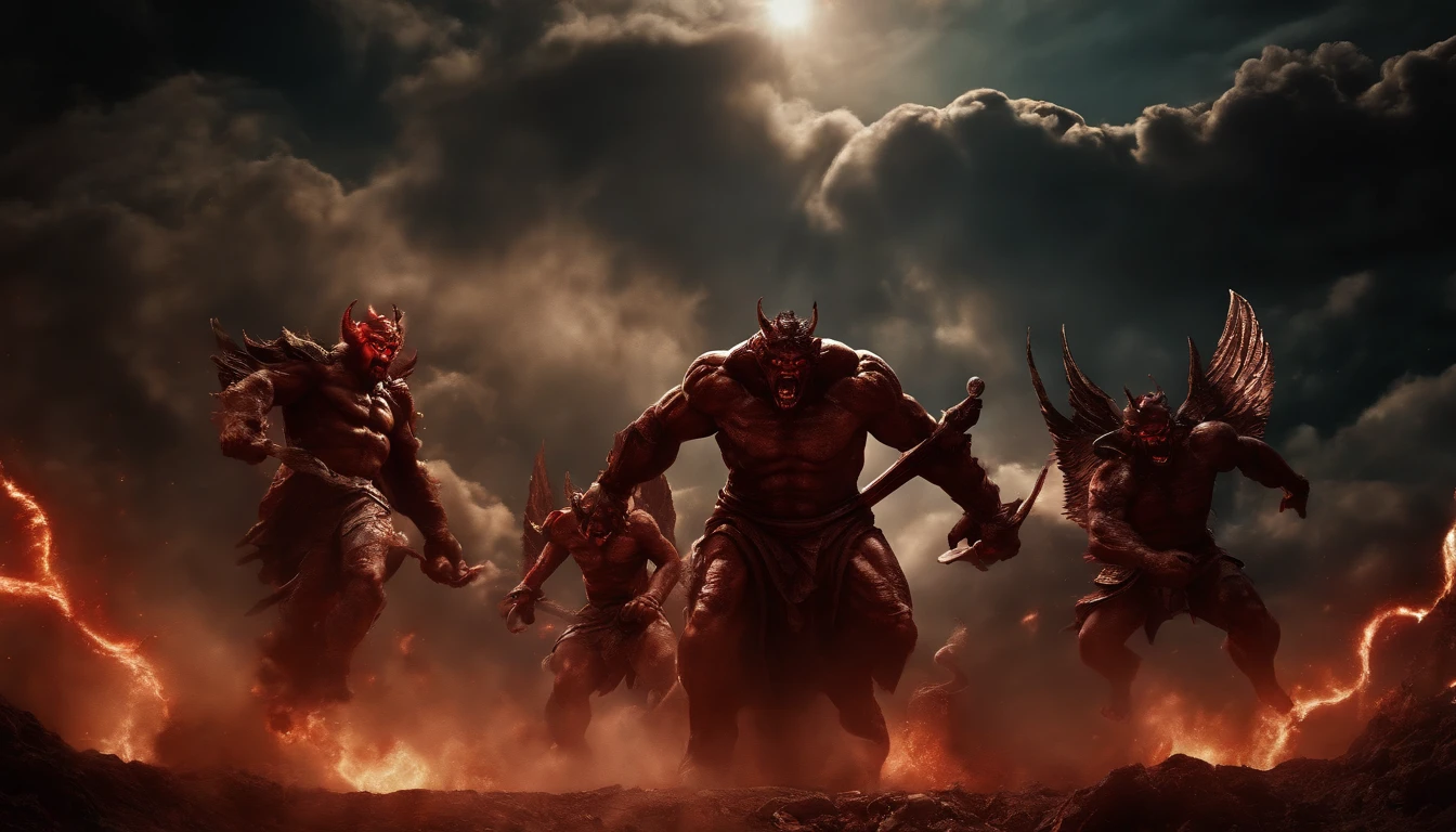 Detailed, HD , 4k, Anime human warrior in hell, fighting with hordes of demons, warrior, demons, hell, fight, dynamic, VFX