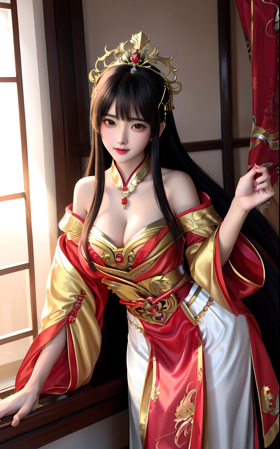 Golden royal dress,Golden Hanfu,Silk material,ellegance,Unique charm,Graceful posture,Sexy lines,exquisite design,high-necked,fitted cut,Slender neck,As graceful as a swan,Warm and auspicious,Red pattern,Gorgeous and luxurious,Golden decoration,Bright colors,golden headdress,Thin gold belt,Slim waist,Feminine beauty,Comely,Flowers with buds to be placed,Seduce the heart,Playful,Traditional charm,Modern fashion,Classical erotic appeal,Admiration and admiration,beautiful and seductive anime woman, seductive anime girls, Beautiful anime woman, Beautiful anime girl, Anime goddess, Guviz, a beautiful fantasy empress, ((a beautiful fantasy empress)), attractive anime girls, Guviz-style artwork, Smooth anime CG art,china goddess, Close-up, bust chart