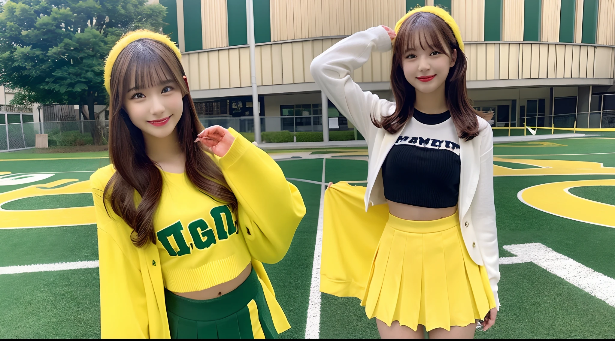 18-year-old cheergirl in yellow-green miniskirt