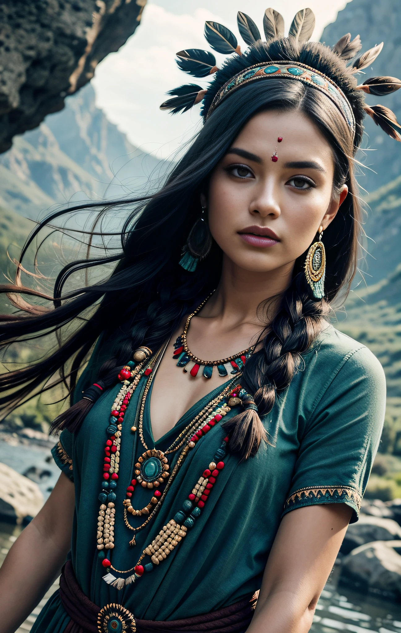 (full portrait), (half shot), solo, detailed background, detailed face, (stonepunkAI, stone theme:1.1), wise, (female), (native american), (beautiful hair, braids:0.2), shaman, septum piercing, mystical, (gorgeous face), stunning, head tilted upwards, (serene expression), calm, Seafoam Green frayed clothes, prayer beads, tribal jewelry, feathers in hair, headdress:0.33, jade, obsidian, detailed clothing, cleavage, realistic skin texture, (floating particles, water swirling, embers, ritual, whirlwind, wind:1.2), sharp focus, volumetric lighting, good highlights, good shading, subsurface scattering, intricate, highly detailed, ((cinematic)), dramatic, (highest quality, award winning, masterpiece:1.5), (photorealistic:1.5), (intricate symmetrical warpaint:0.5),