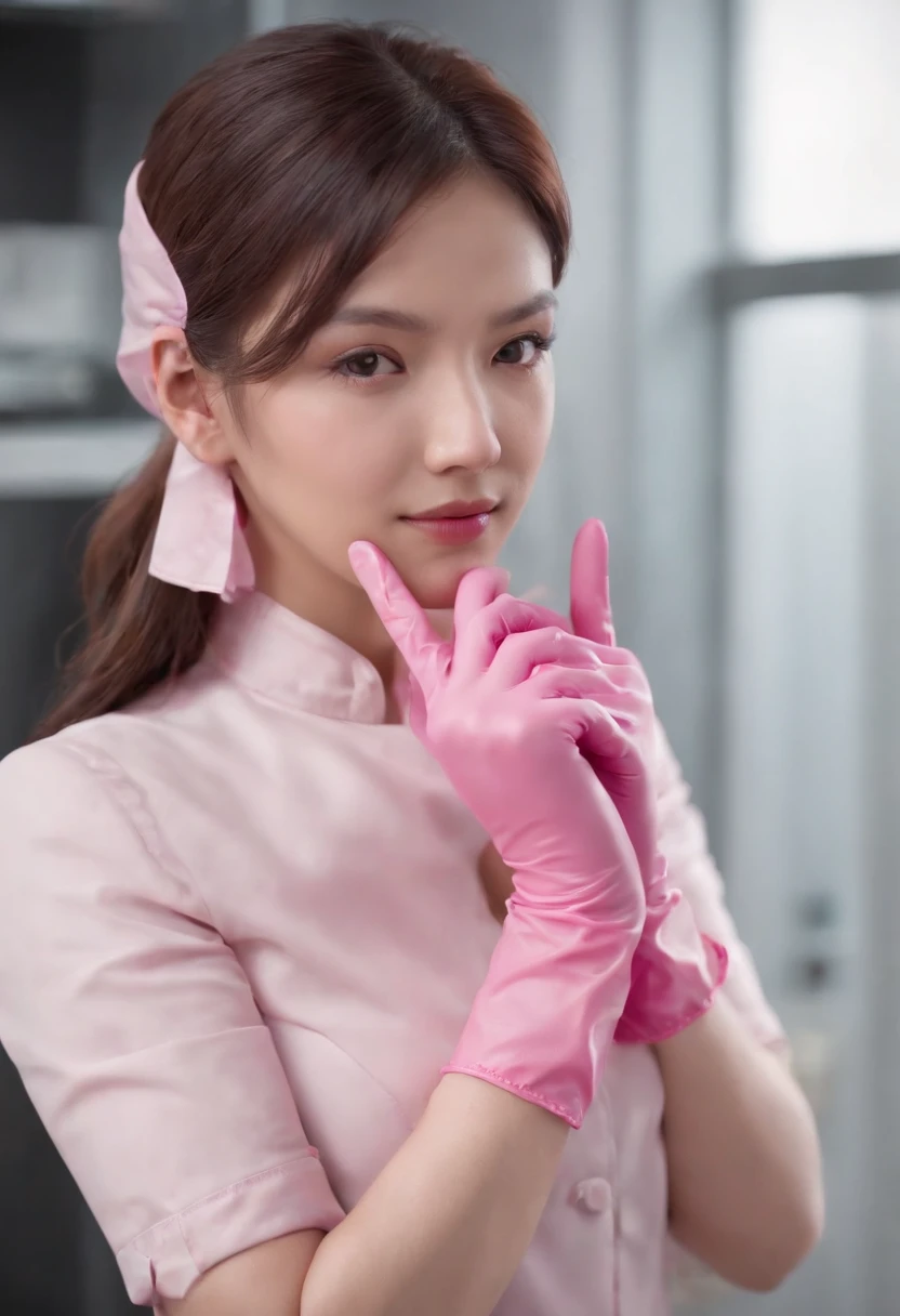 Meilin from Advanced Metal Gear Research Institute. Highly realistic. rubber glove、Pink rubber gloves、Pink cooking gloves、Long gloves、Glossy gloves