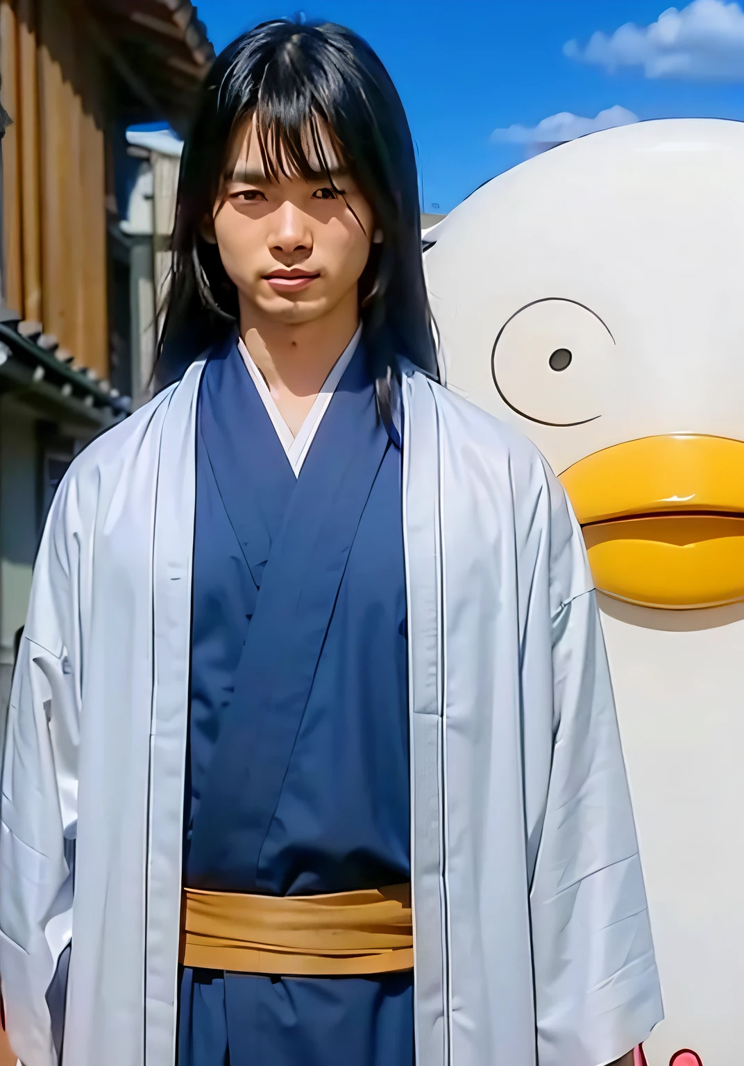 An asian man with black long hair and wearing a kimono with a bird mascot standing behind him, ultra realistic, high quality, detailed face