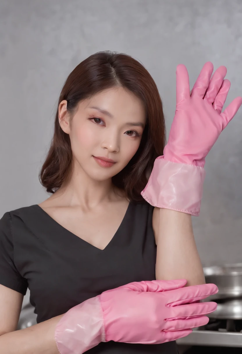 Meilin from Advanced Metal Gear Research Institute. Highly realistic. rubber glove、Pink rubber gloves、Pink cooking gloves、Long gloves、Glossy gloves、Glossy apron